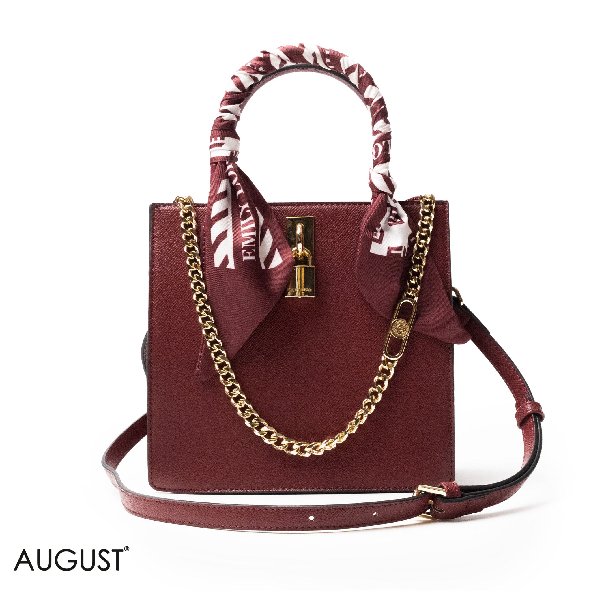 MAROON LEATHER HANDBAG WITH SILKY SCARF, METAL CHAIN - MED