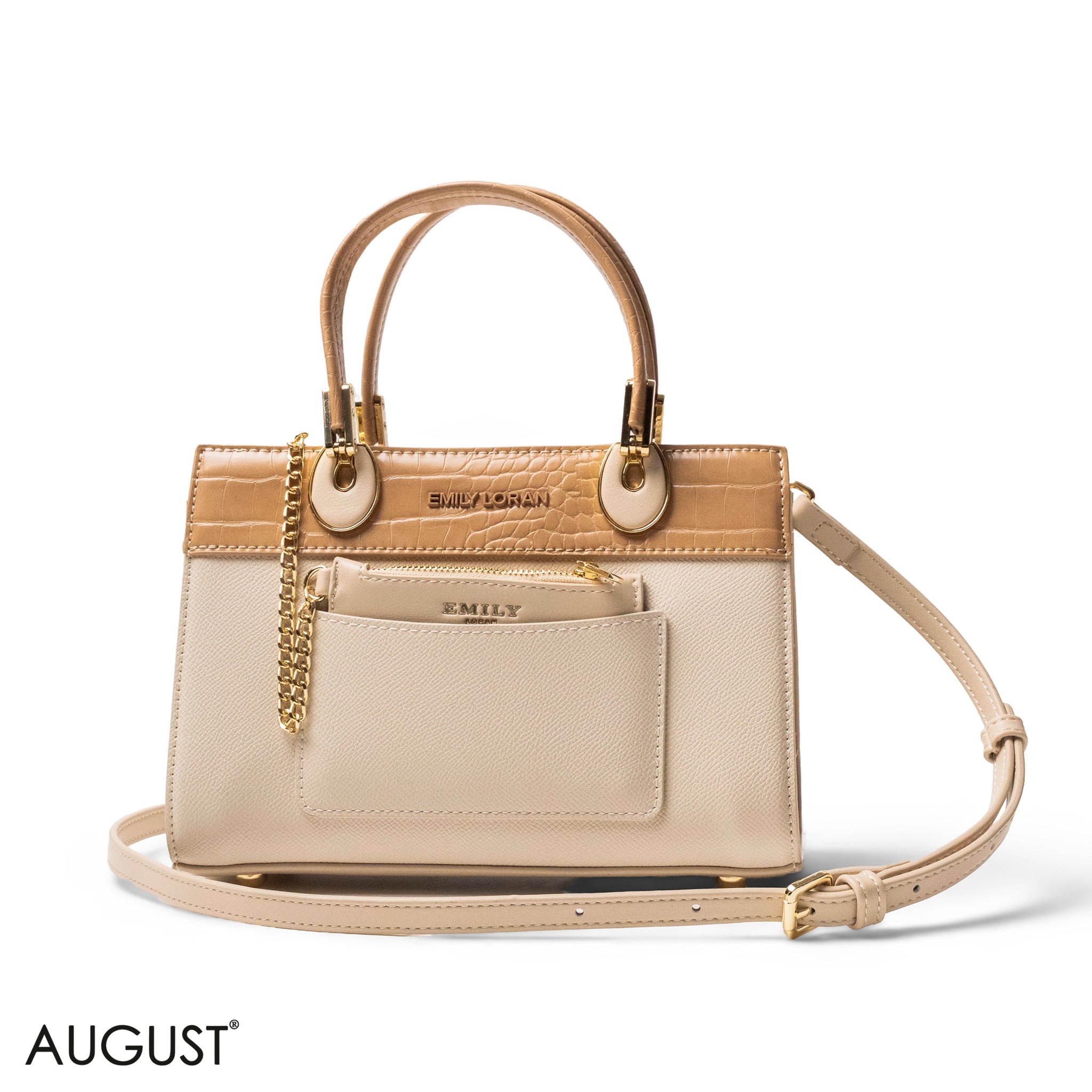 BEIGE LEATHER SMOOTH HANDBAG WITH CROC DETAILS-SMALL