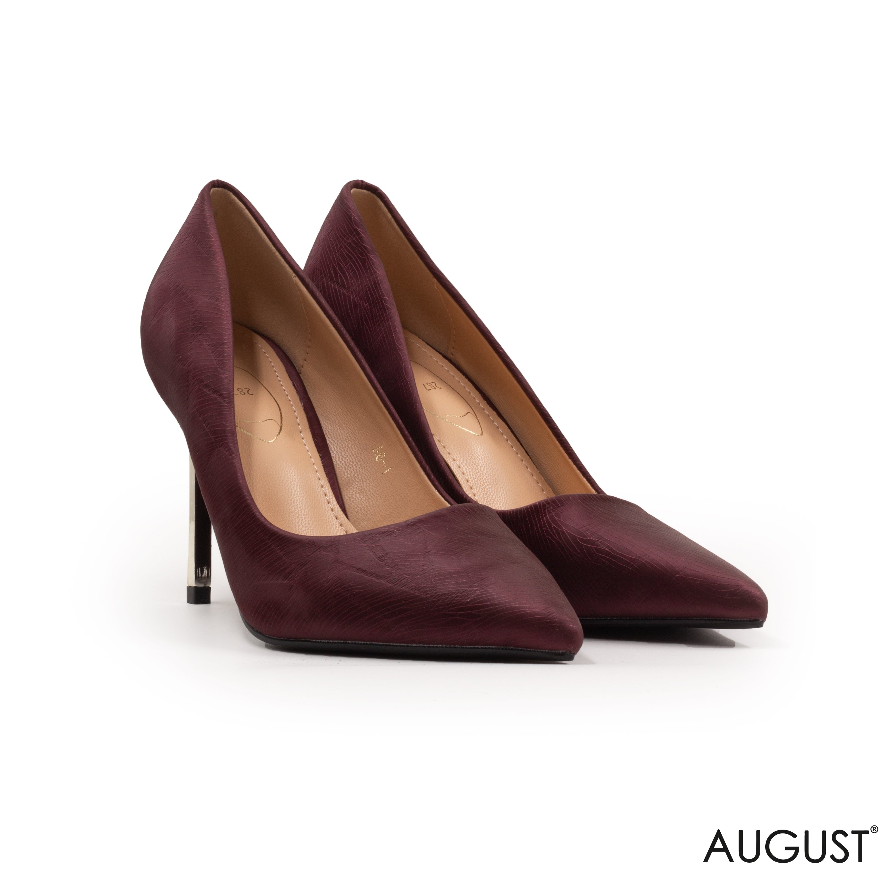 MAROON LEATHER TEXTURED WITH METALLIC HEEL SHOES