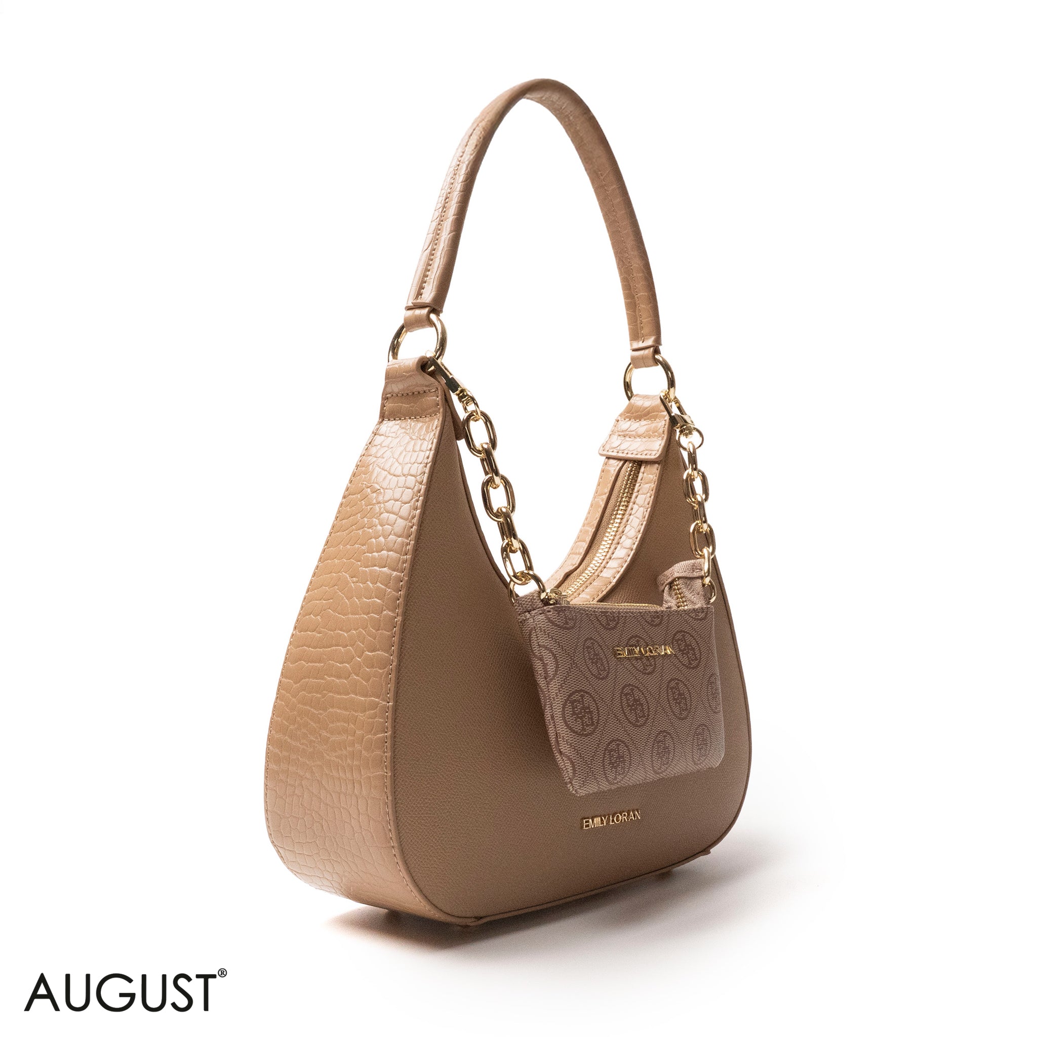 MODERN BEIGE LEATHER HANDBAG WITH METAL CHAIN - MED
