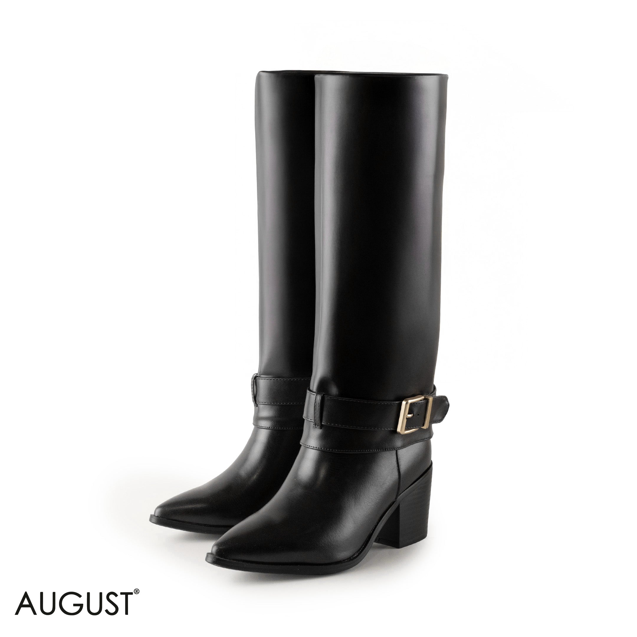 BLACK SMOOTH LEATHER LONG BOOTS WITH BUCKLED