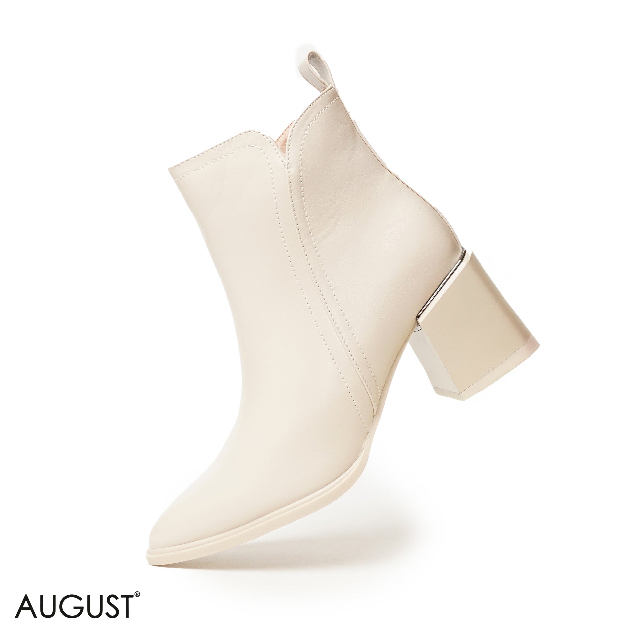 BEIGE LEATHER HEELED BOOTS WITH SIDE ZIPPER