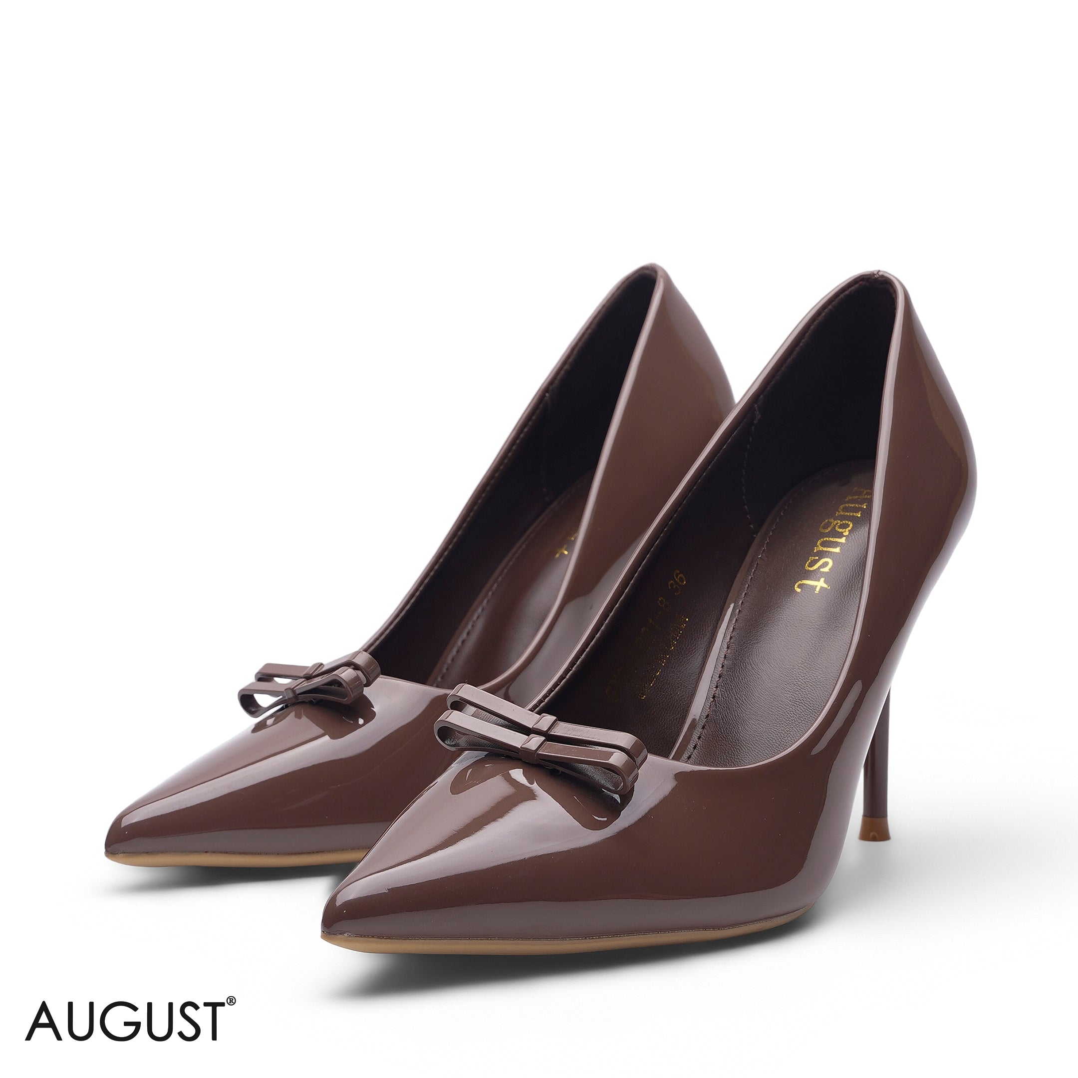 MOCHA PATENT LEATHER QUAD-BOW POINTED TOE HEELS