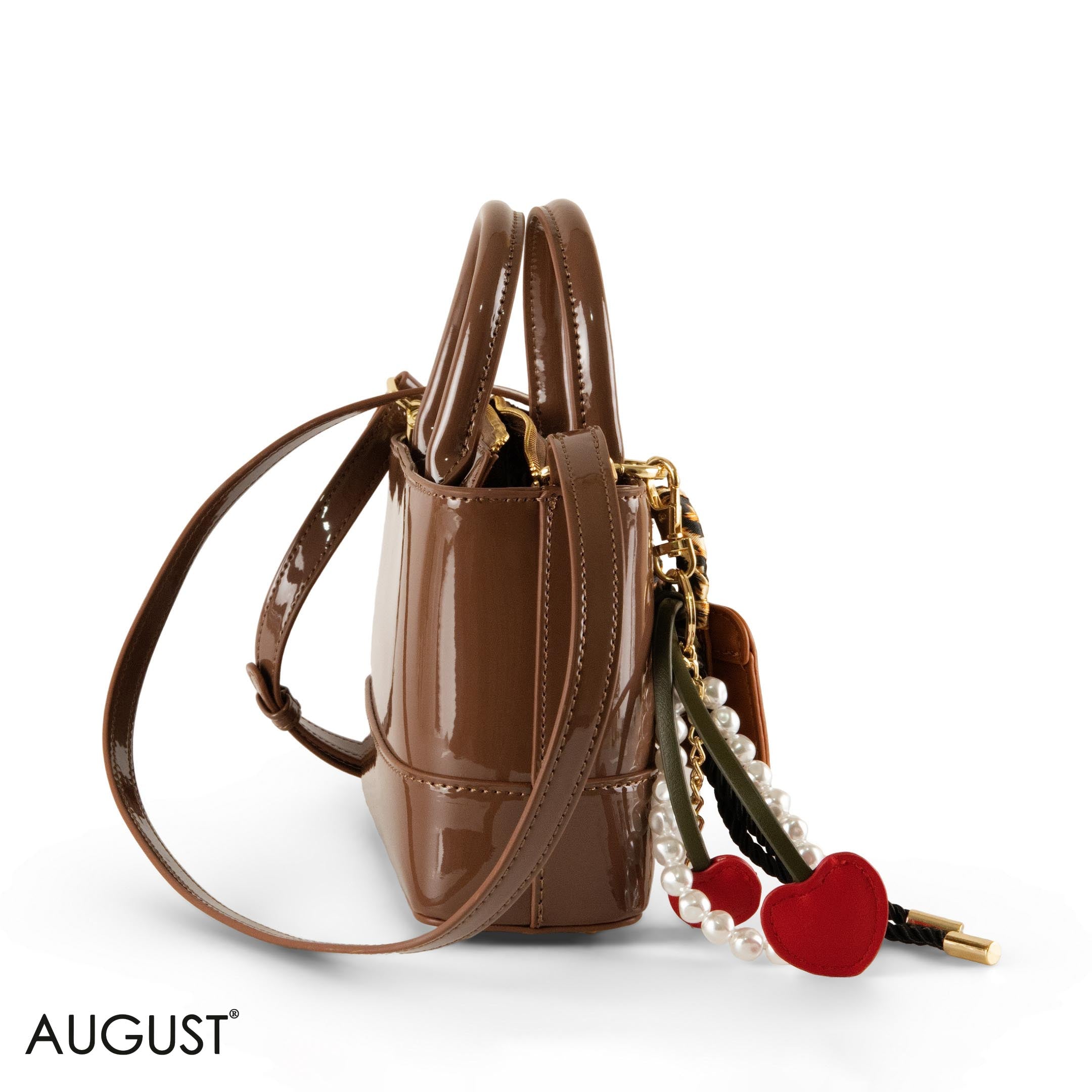 BROWN GLOSSY LEATHER HANDBAG WITH ACCESSORIES- SMALL