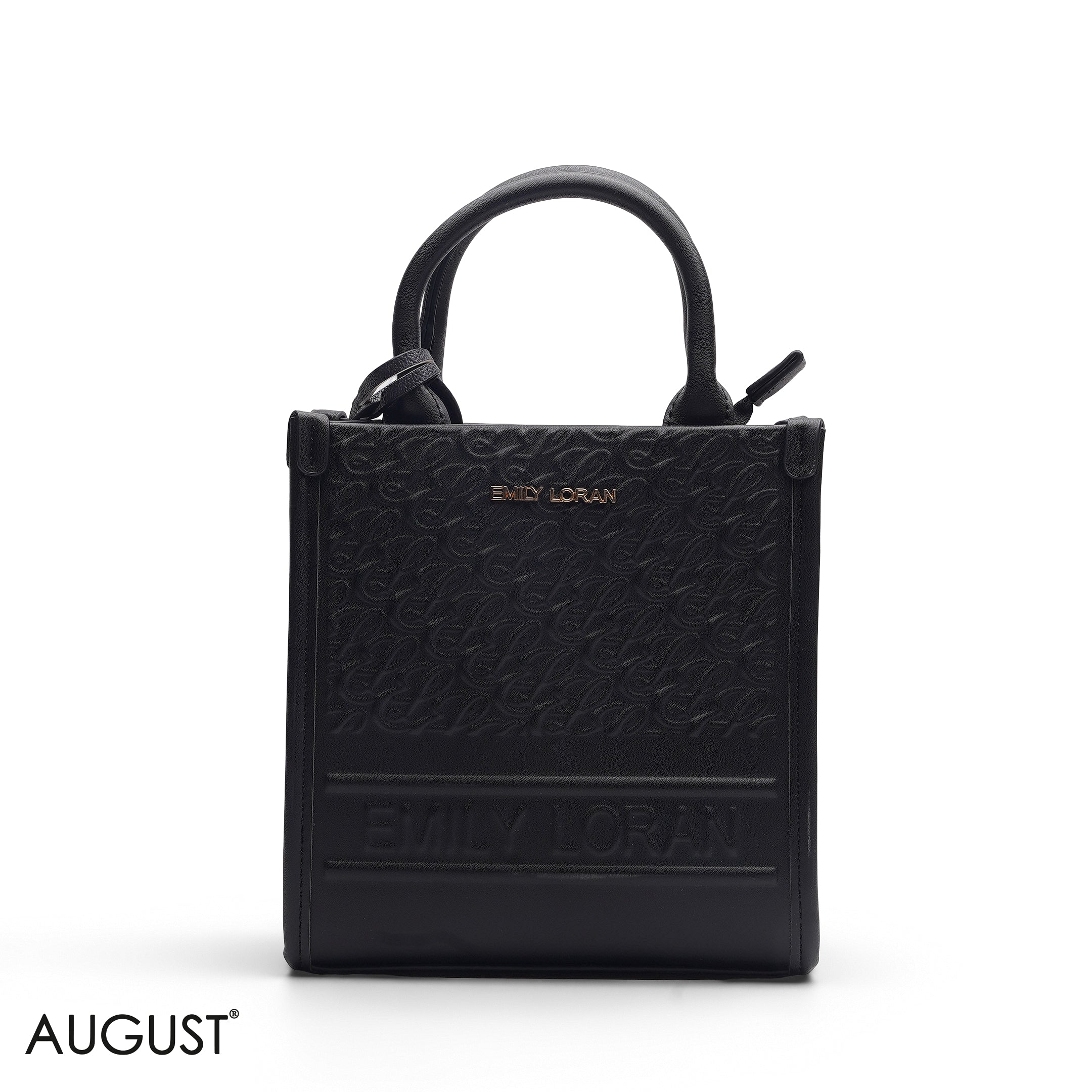 BLACK EMBOSSED LOGO TOP HANDLE TOTE BAG