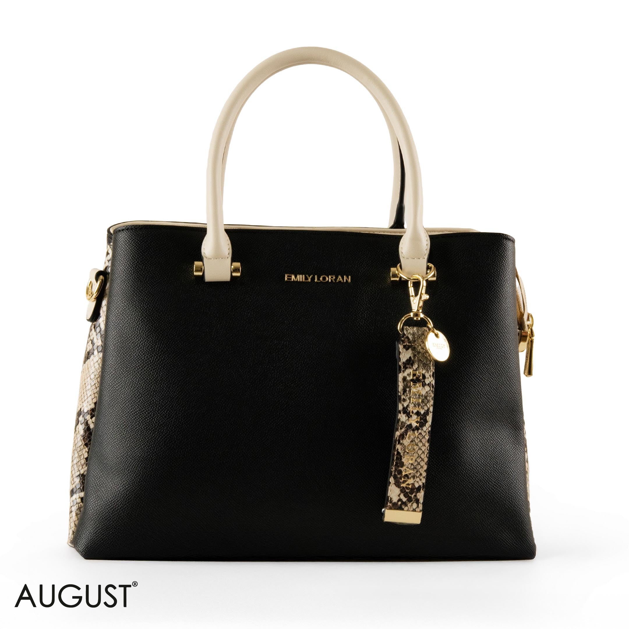 BLACK SMOOTH LEATHER HANDBAG WITH SNAKE ACCENTS - LARGE