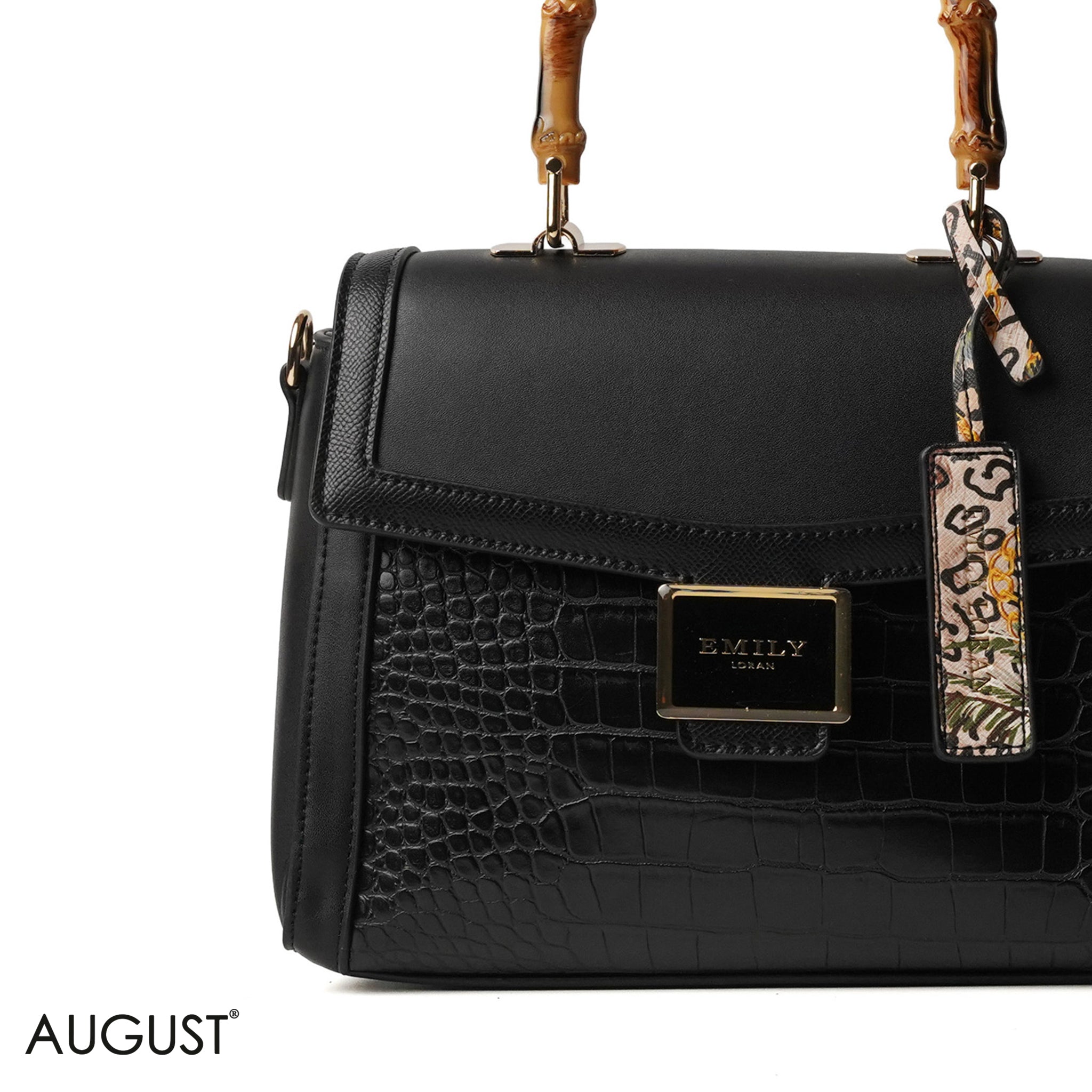 BLACK HAND BAG WITH CROCODILE PRINT - MEDIUM