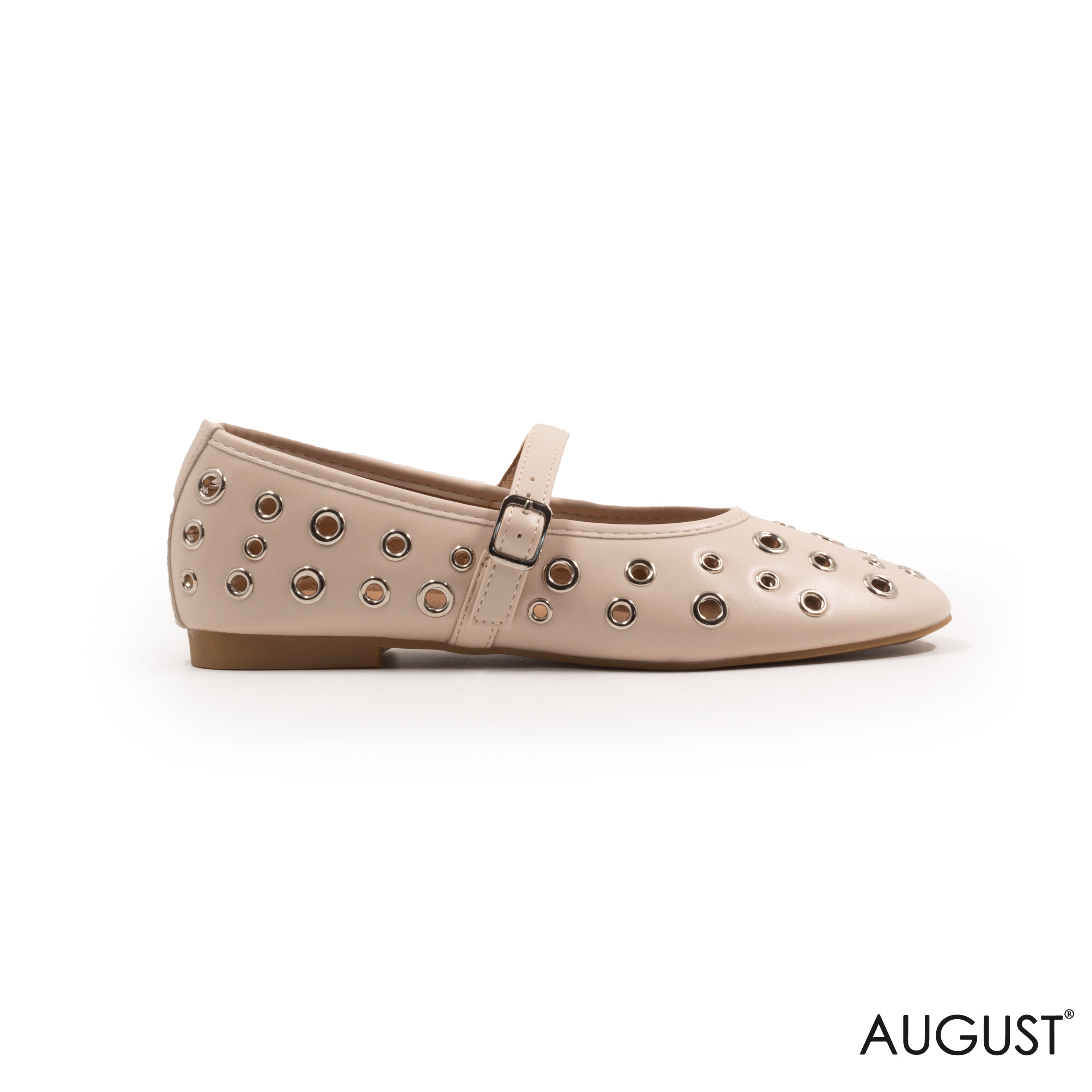 BEIGE LEATHER FLAT BALLET WITH METAL EYELETS AND BUCKLE