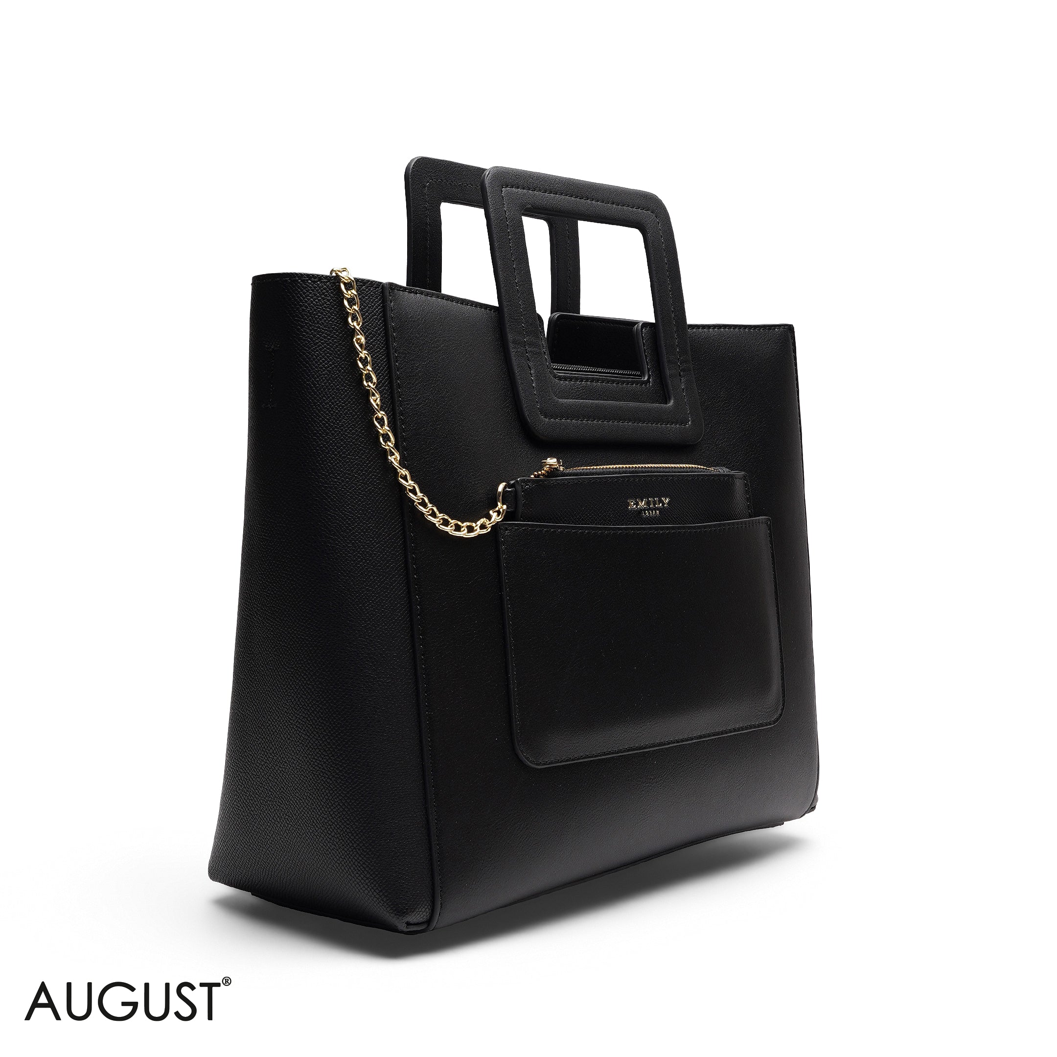 BLACK TEXTURED LEATHER TOTE WITH POUCH BAG