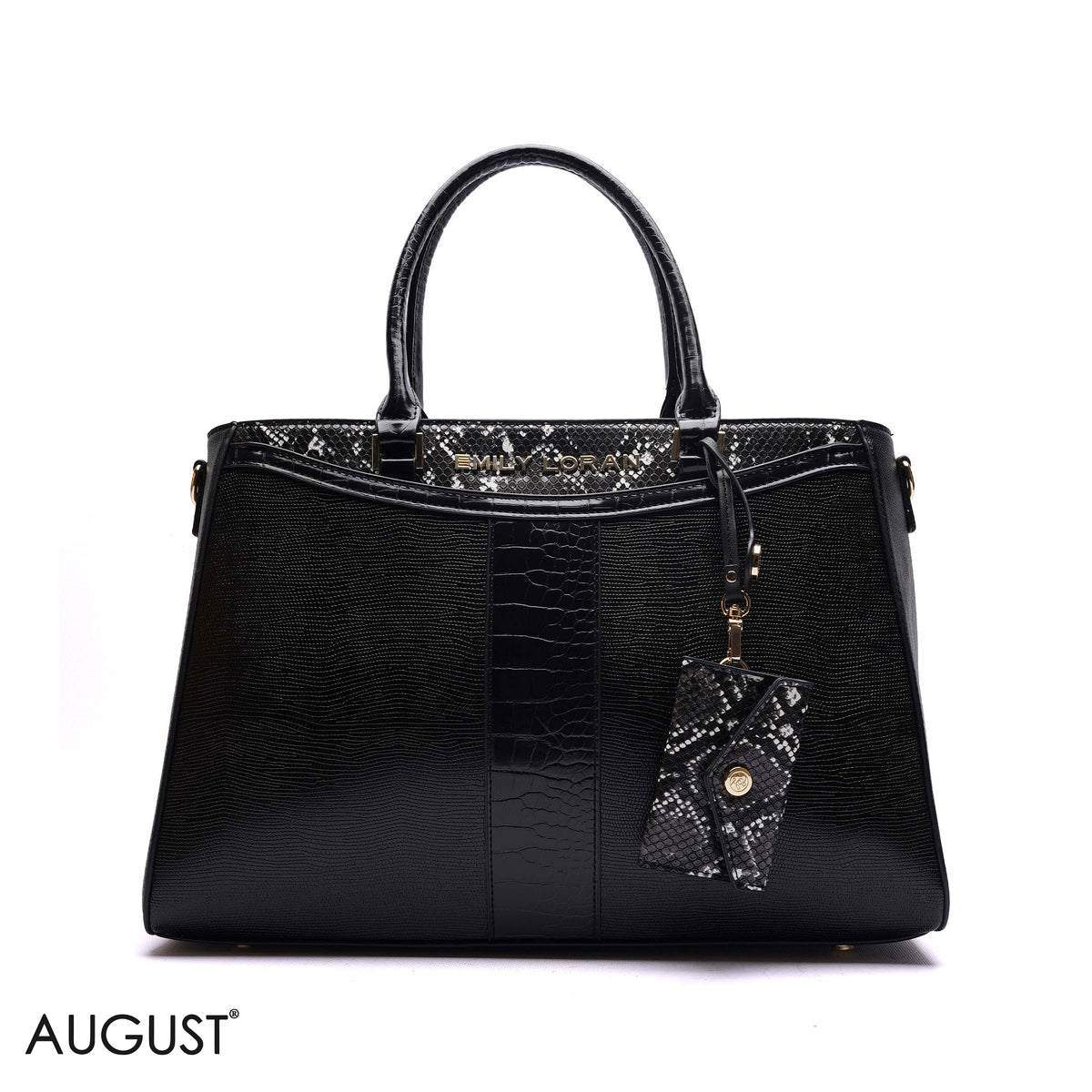 STRUCTURED PANEL TOTE BAG WITH SNAKESKIN TAG