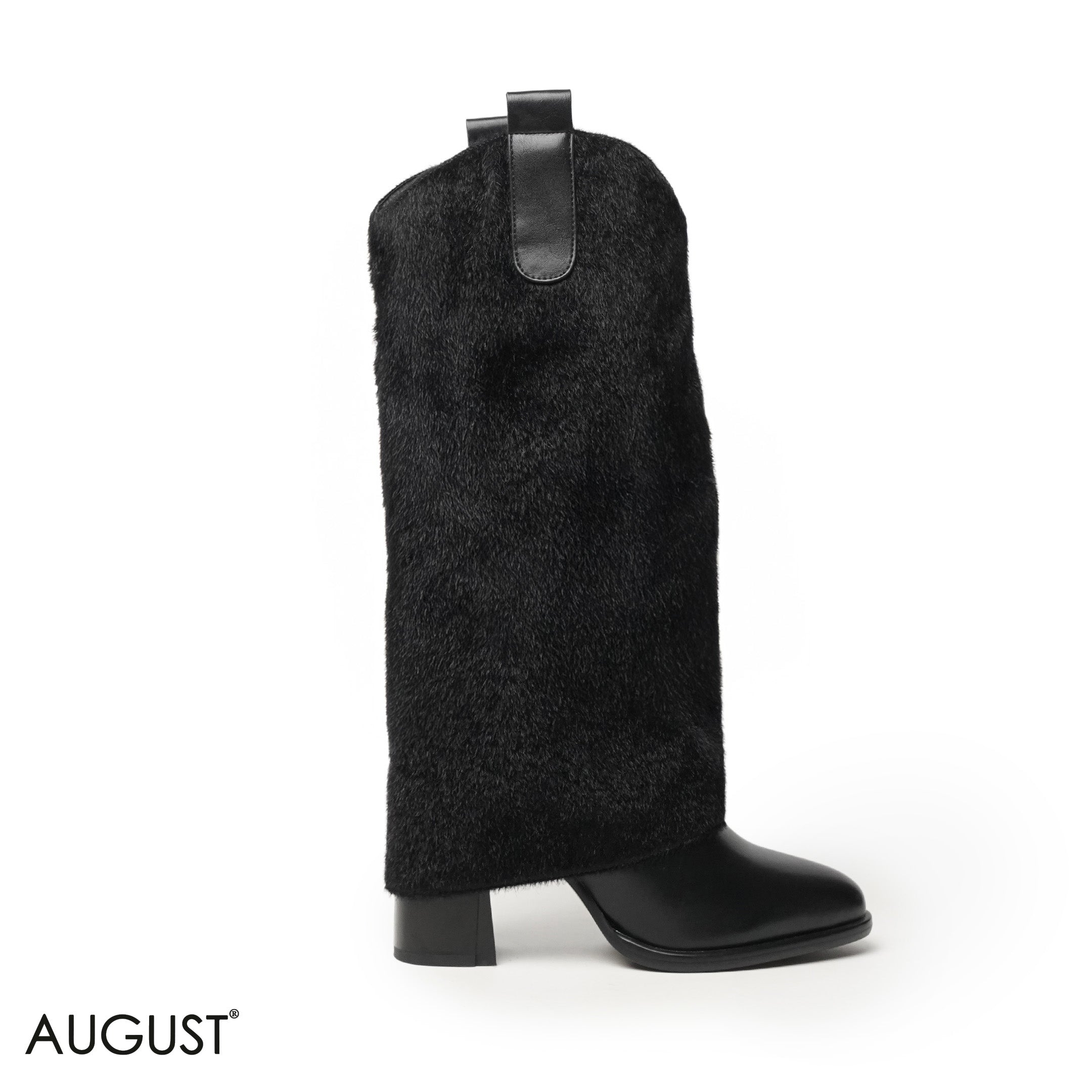 BLACK LEATHER HEELED LONG BOOTS WITH FAUX FUR DESIGN