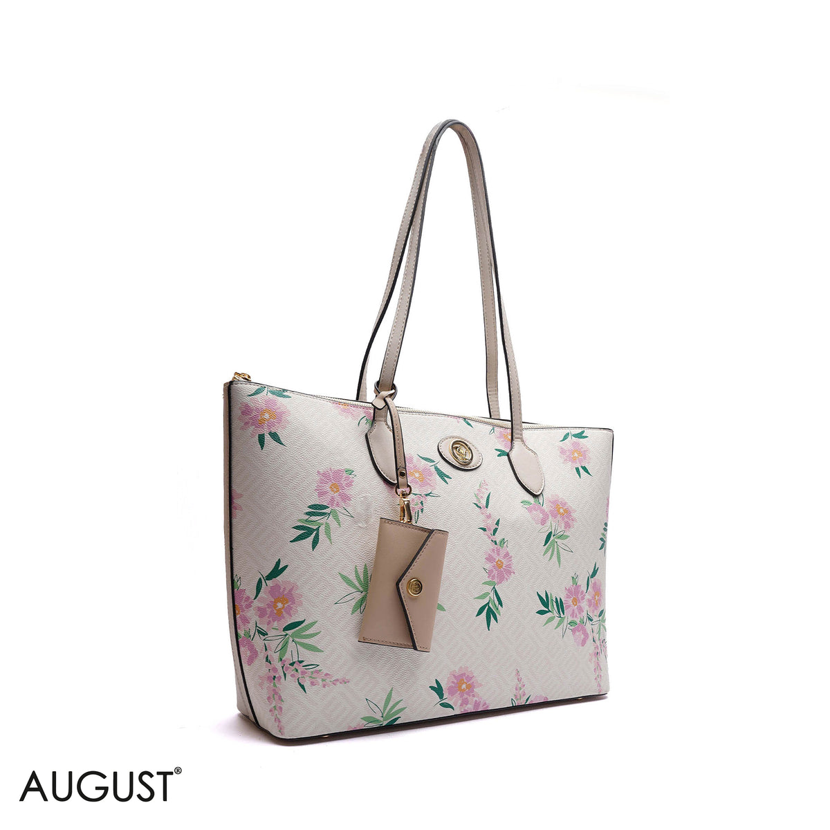 FLORAL PRINT MONOGRAM TOTE BAG WITH MINI POUCH
