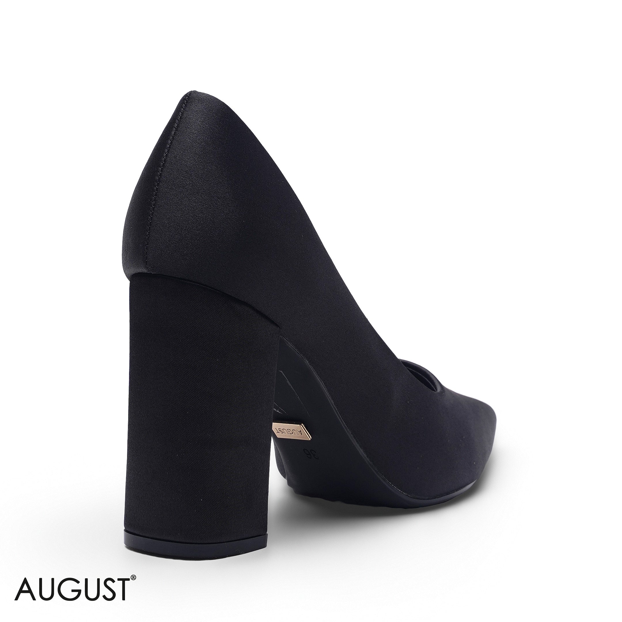 BLACK SATIN POINTED-TOE BLOCK HIGH HEEL