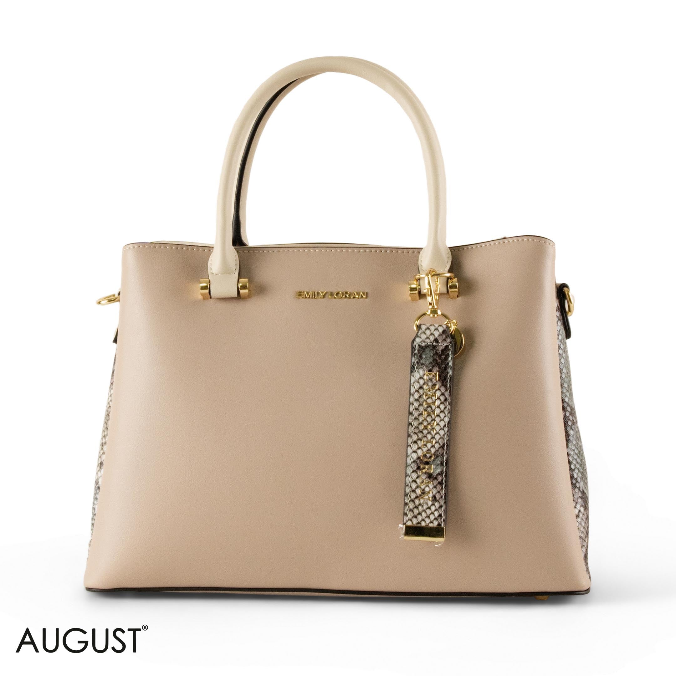 BEIGE SMOOTH LEATHER HANDBAG WITH SNAKE ACCENTS - LARGE