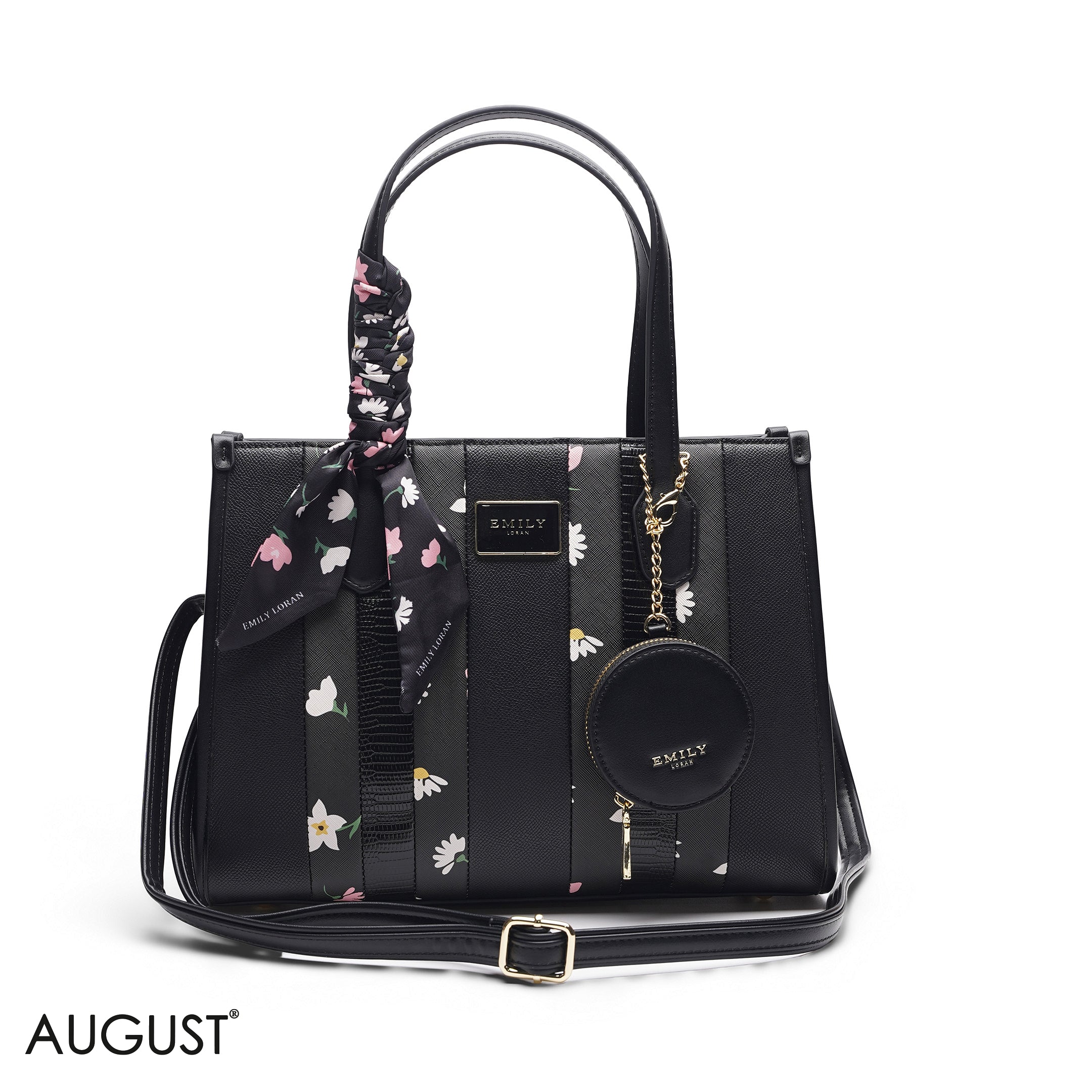 BLACK FLORAL TOTE WITH POUCH - LARGE