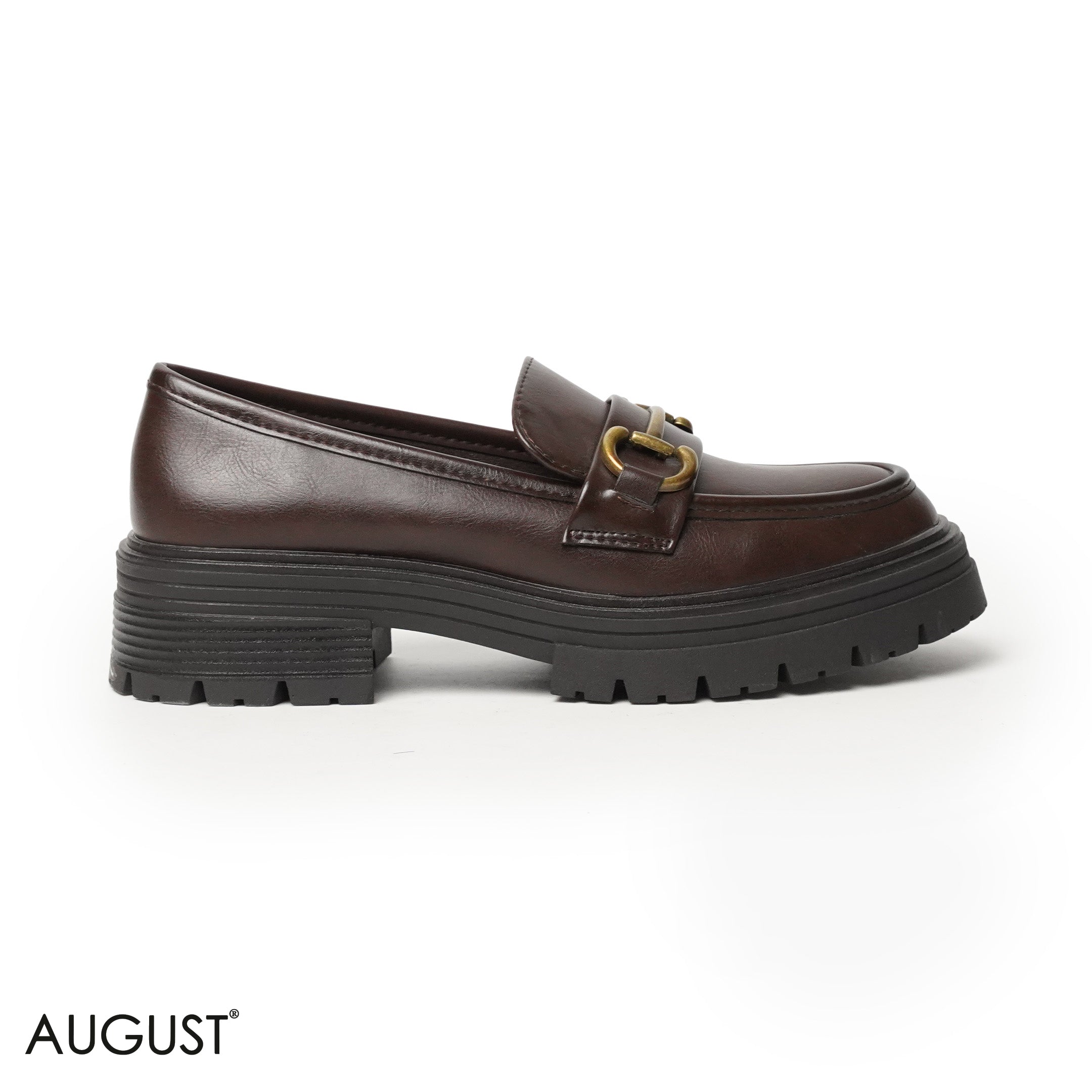 BROWN LEATHER LOAFERS WITH METAL CHAIN
