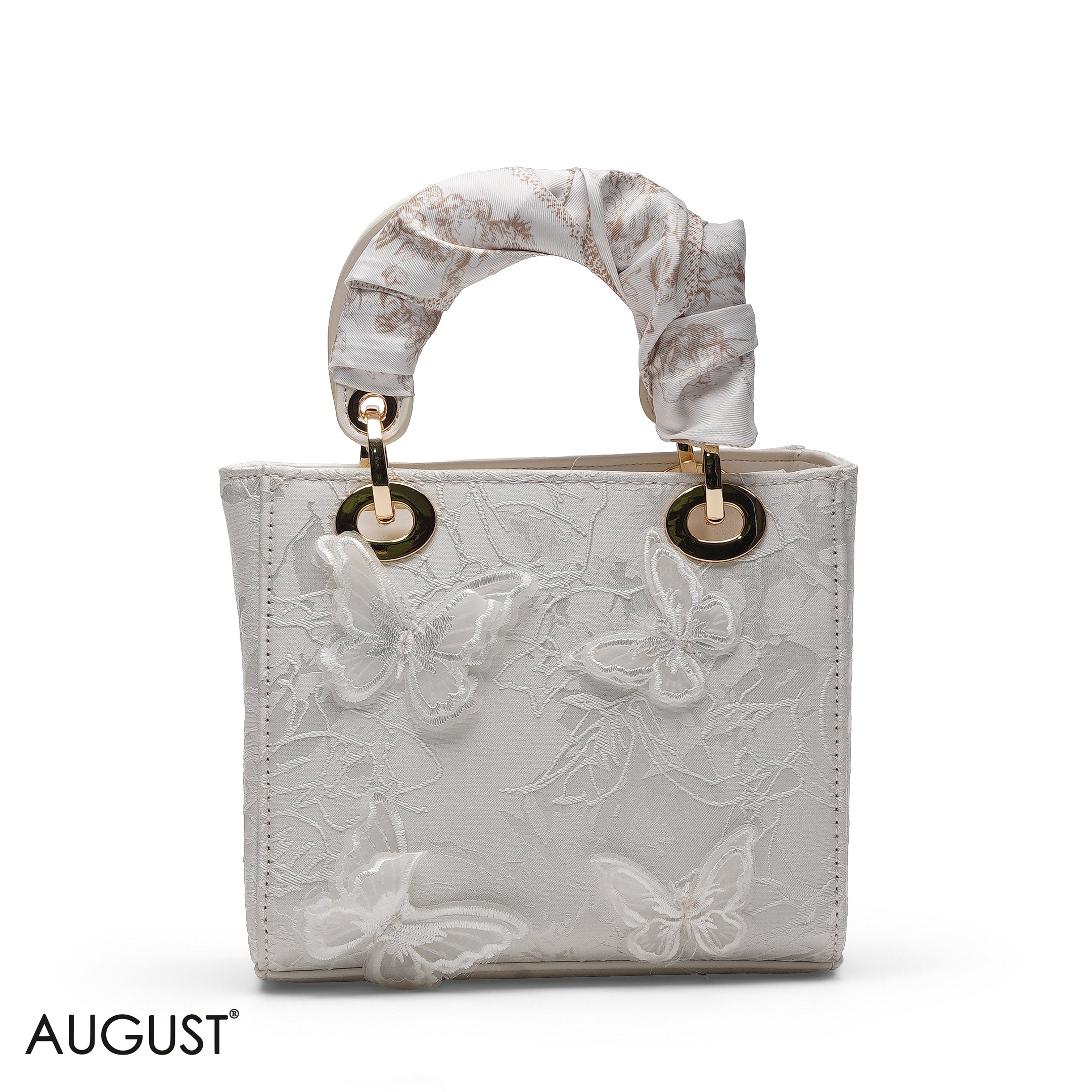 WHITE BUTTERFLY EMBROIDERED LACE MINI TOTE BAG