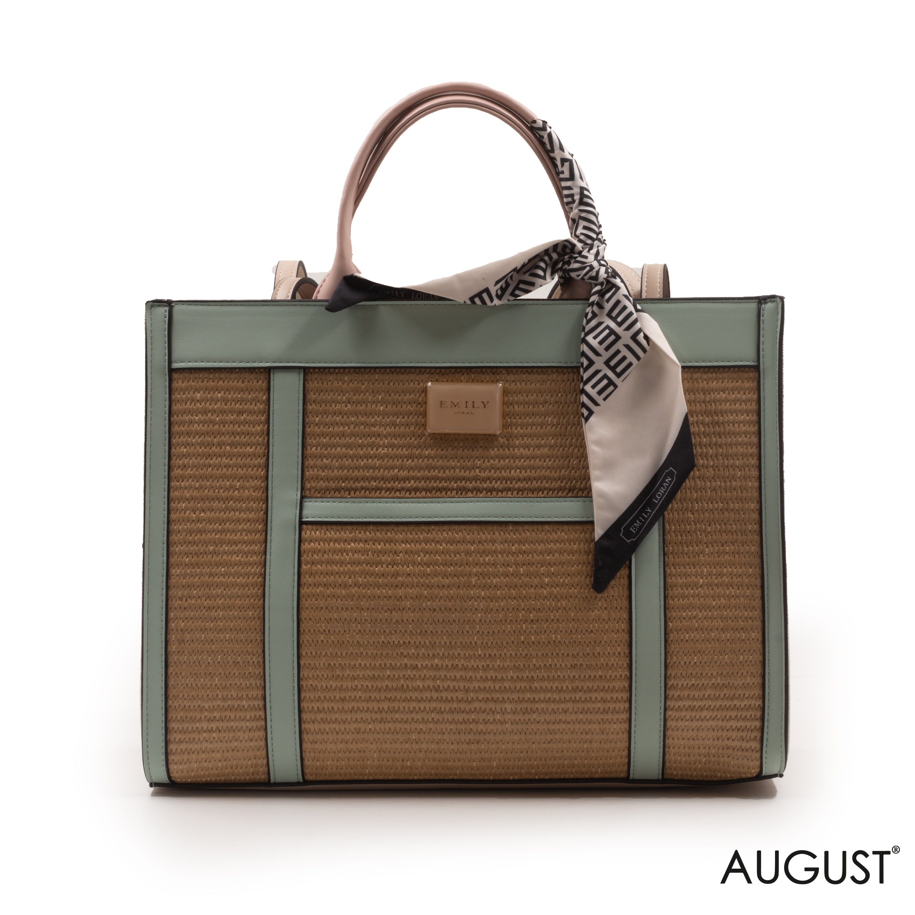 WOVEN STRAW HANDBAG LEATHER ACCENTS WITH SCARF -LARGE