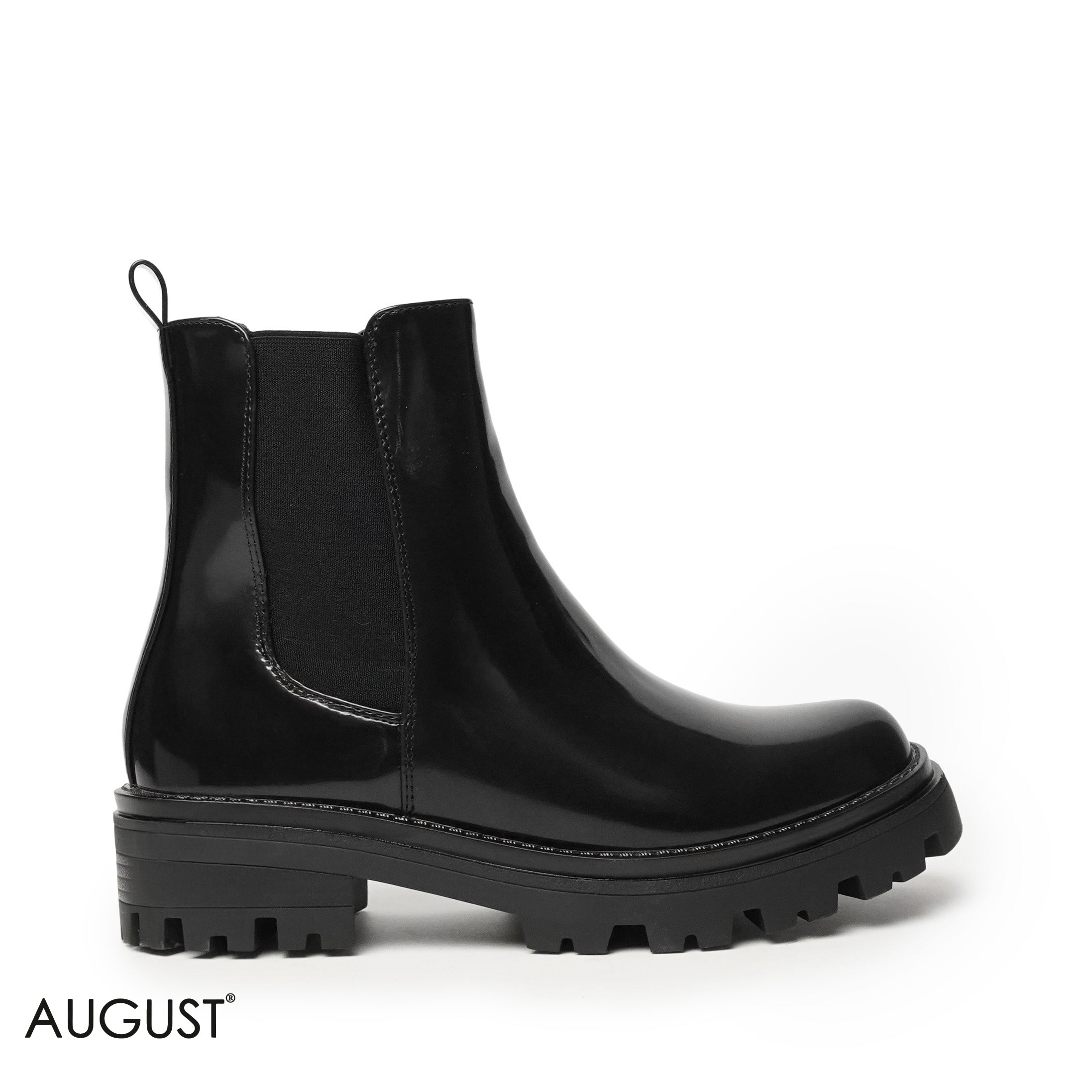 GLOSSY LEATHER ANKLE BOOTS WITH ELASTIC FABRIC