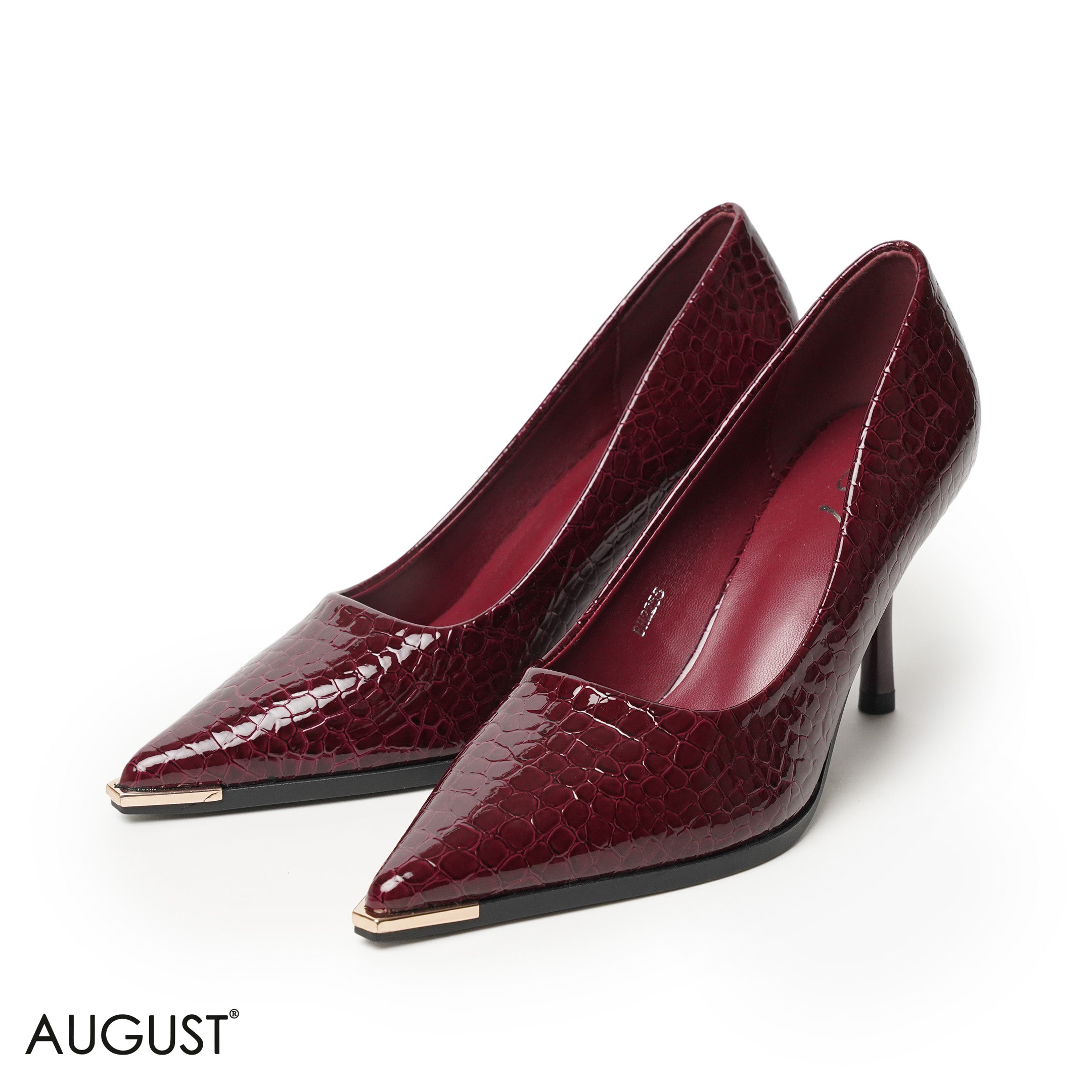 BURGUNDY GLOSSY LEATHER HEELS WITH CROC ACCENTS