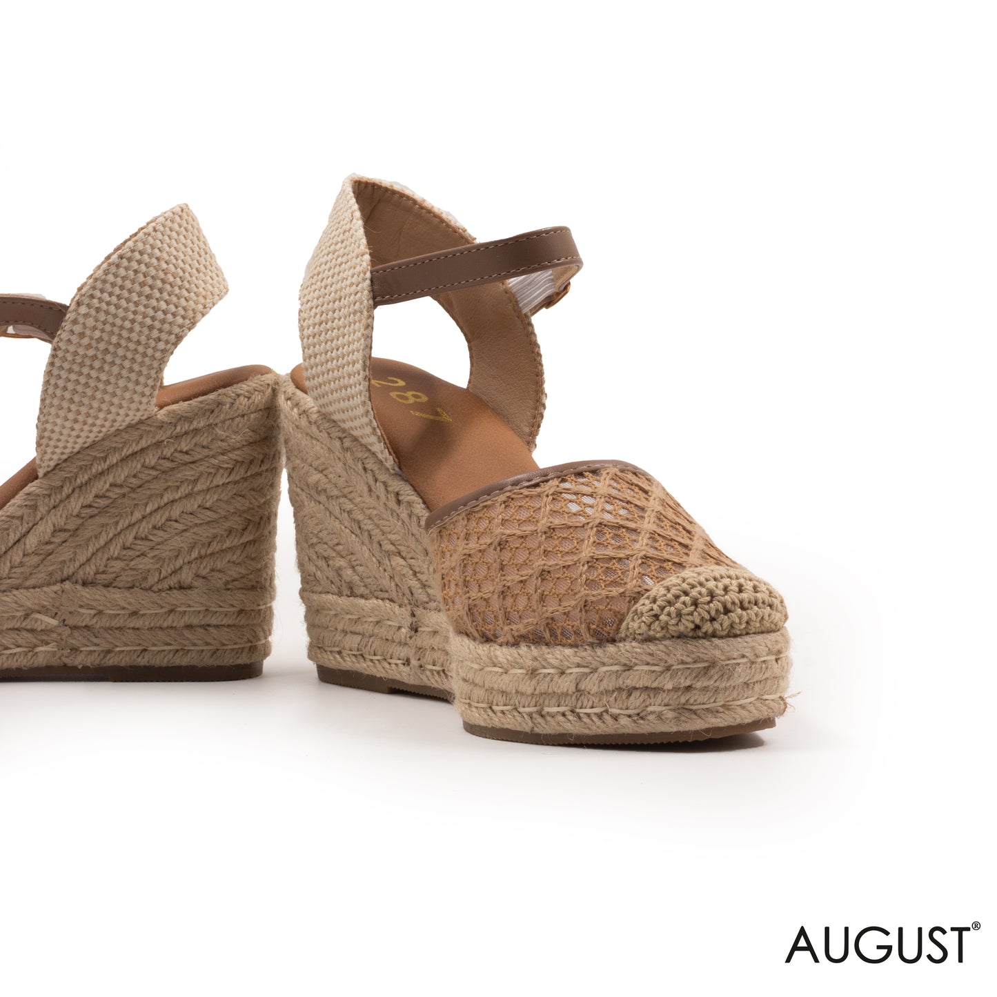 BEIGE LACE DATAIL WEDGE SANDALS WITH BUCKLE