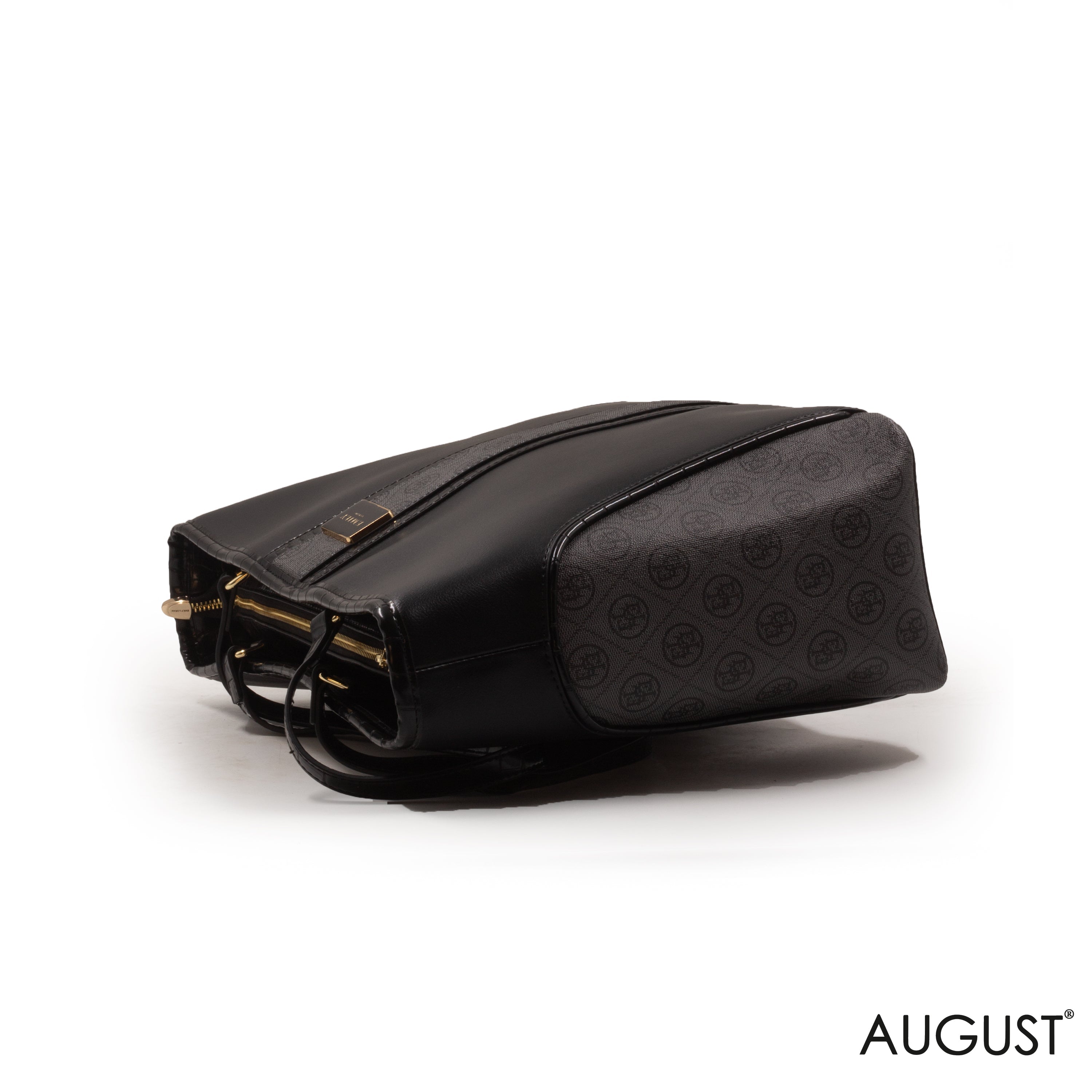 BLACK LEATHER EMILY LORAN HANDBAG WITH PATTERNED TRIM - LARGE