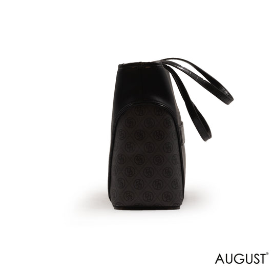 BLACK LEATHER EMILY LORAN WITH PATTERNED TRIM-LARGE