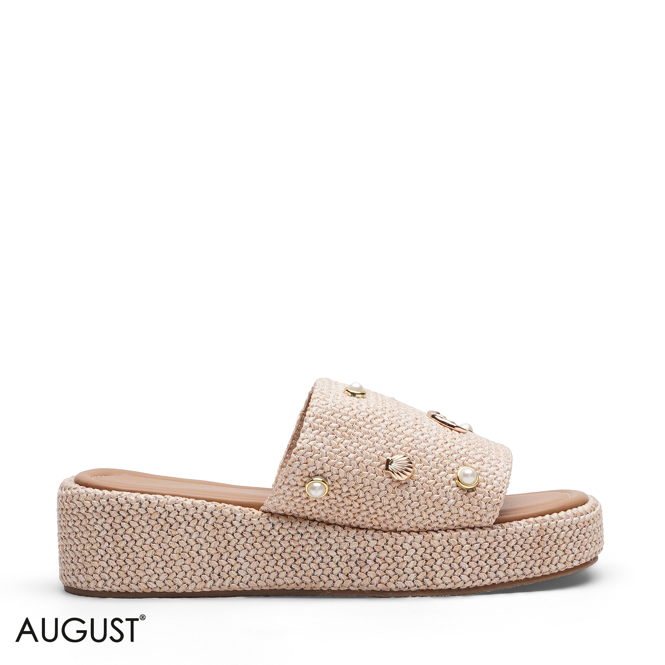 WOVEN PLATFORM SLIDE WITH PEARL ACCENTS SLIPPER