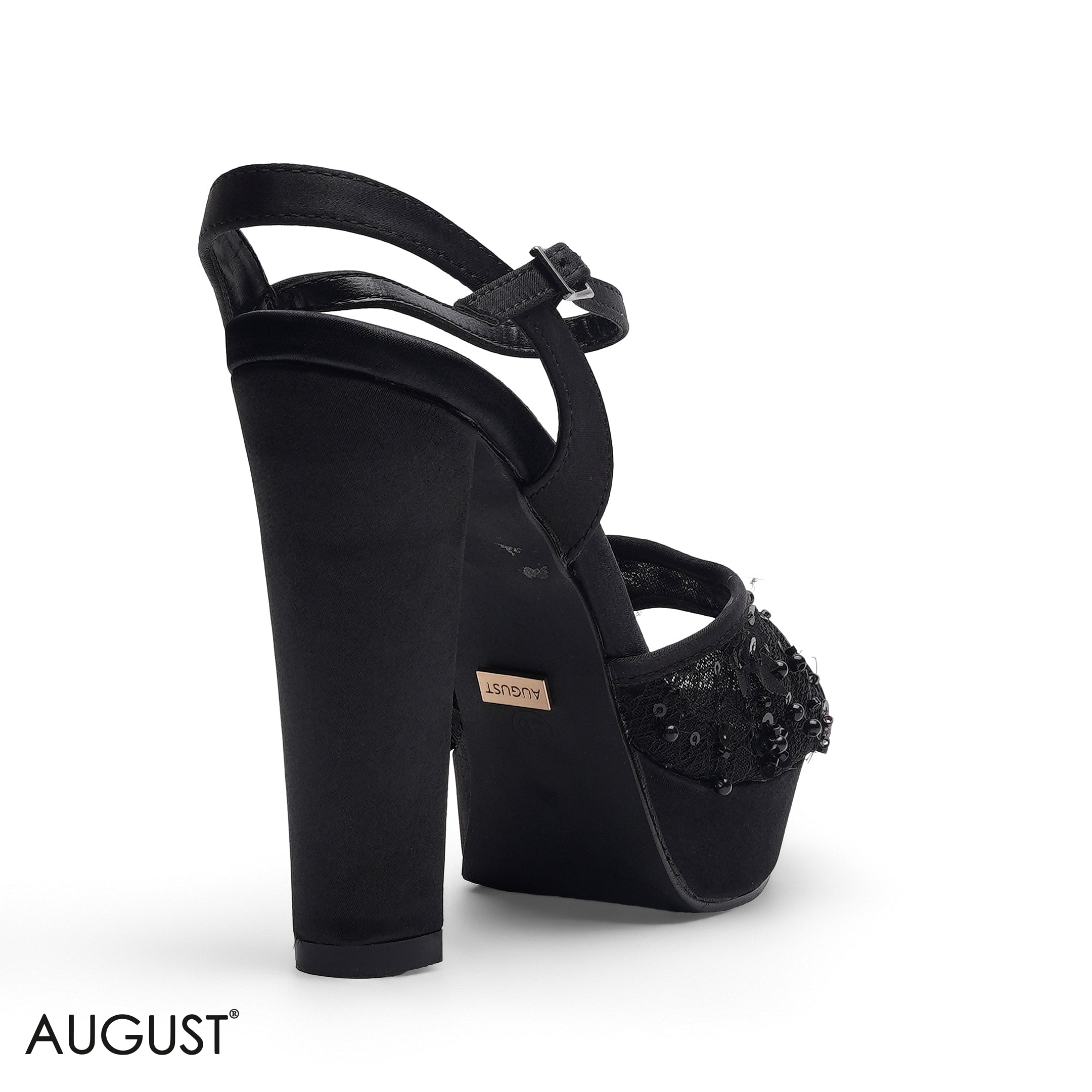 BLACK LACE EMBROIDERED PLATFORM BLOCK HEEL SANDALS