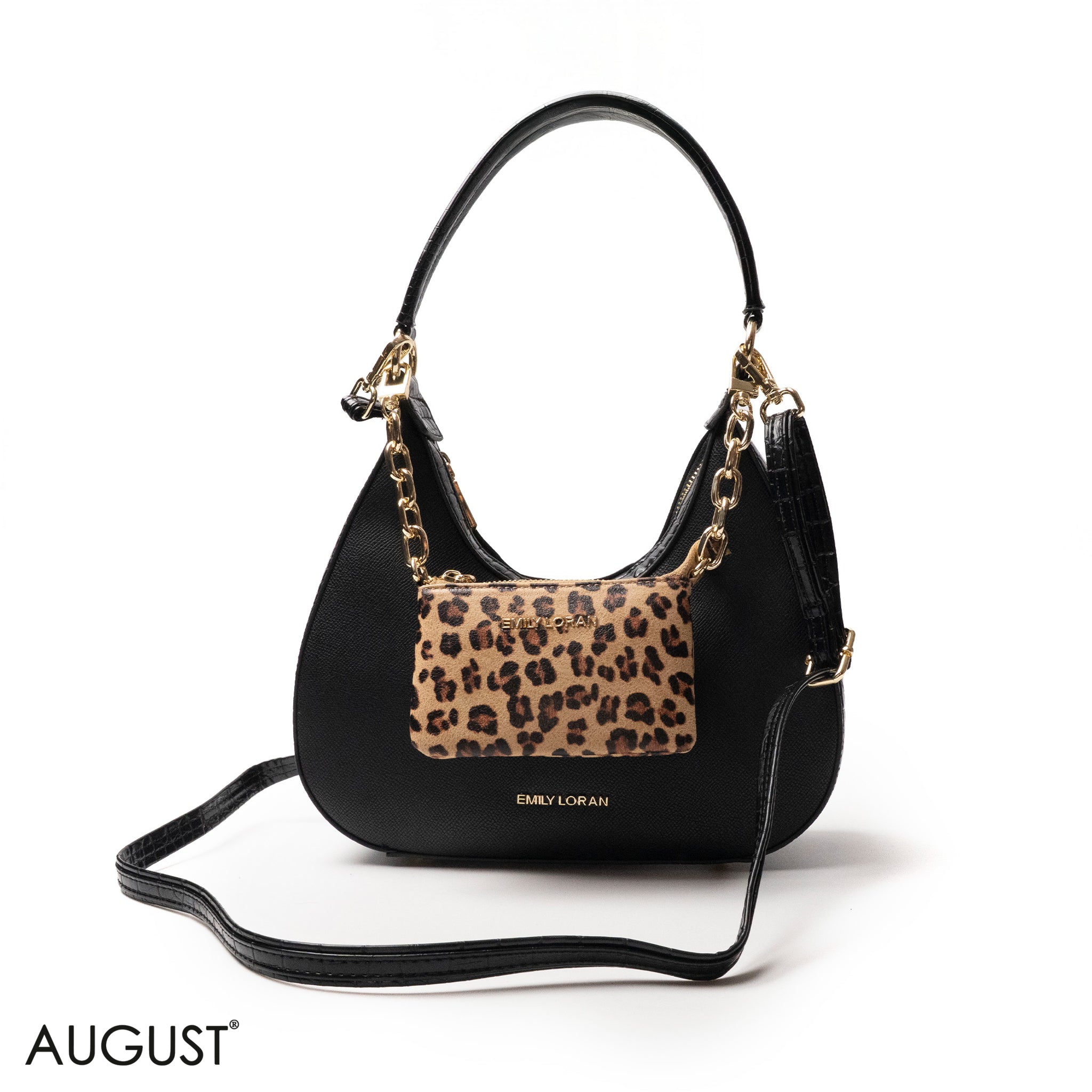 MODERN BLACK LEATHER HANDBAG WITH METAL CHAIN - MED