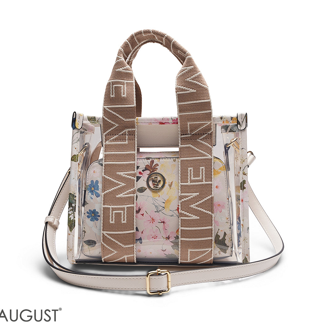 BEIGE TRANSPARENT BAG WITH FLORAL INNER POUCH