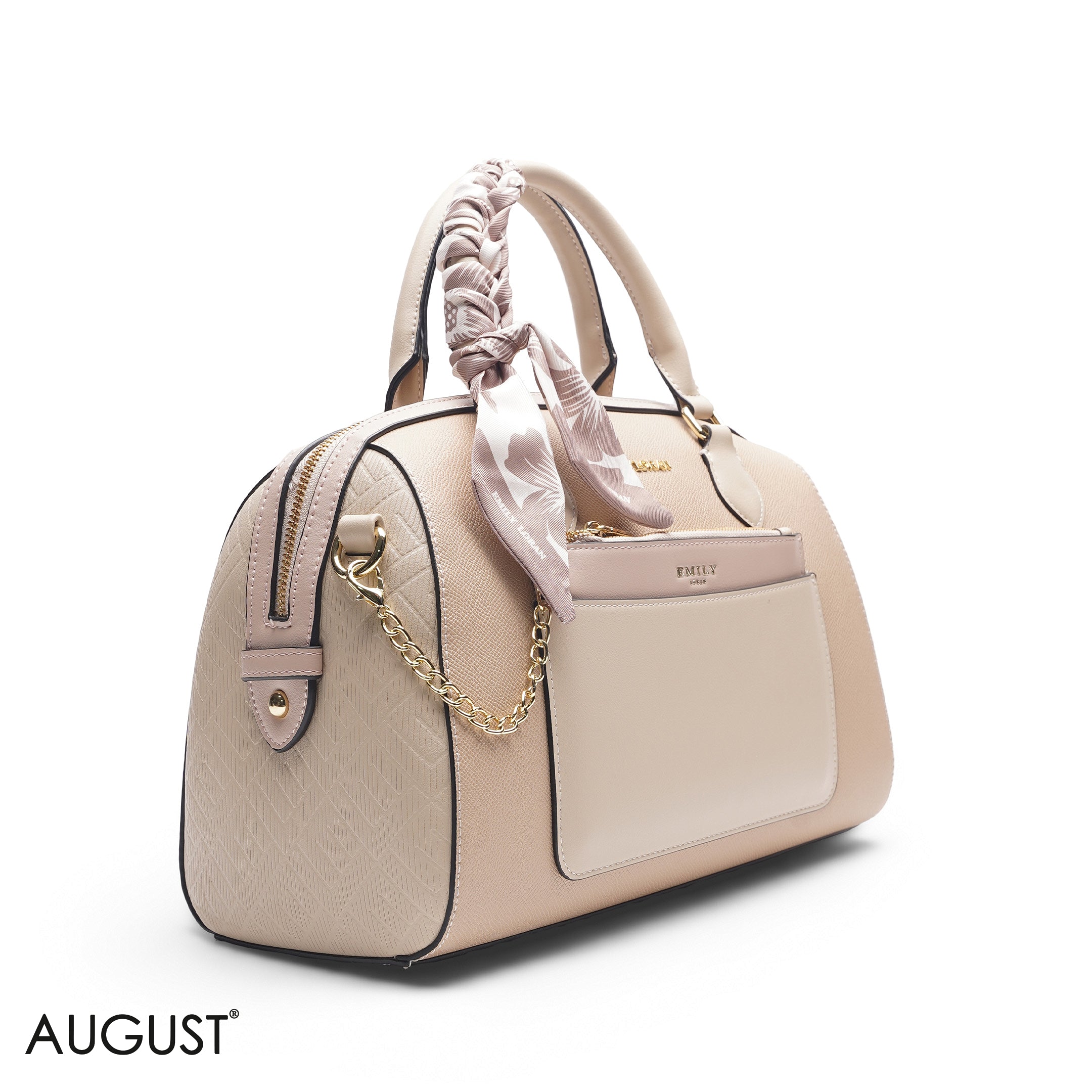 BEIGE FLORAL BAG WITH FRONT POUCH & SCARF - LARGE