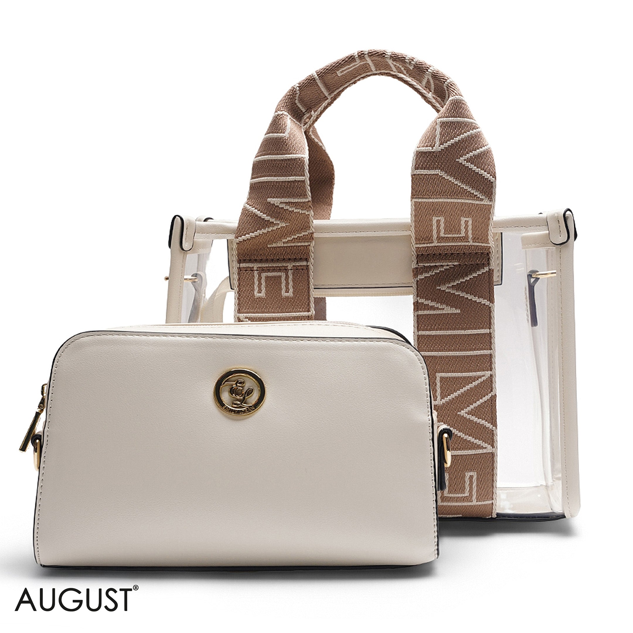 BEIGE TRANSPARENT BAG WITH SOLID INNER POUCH - LARGE