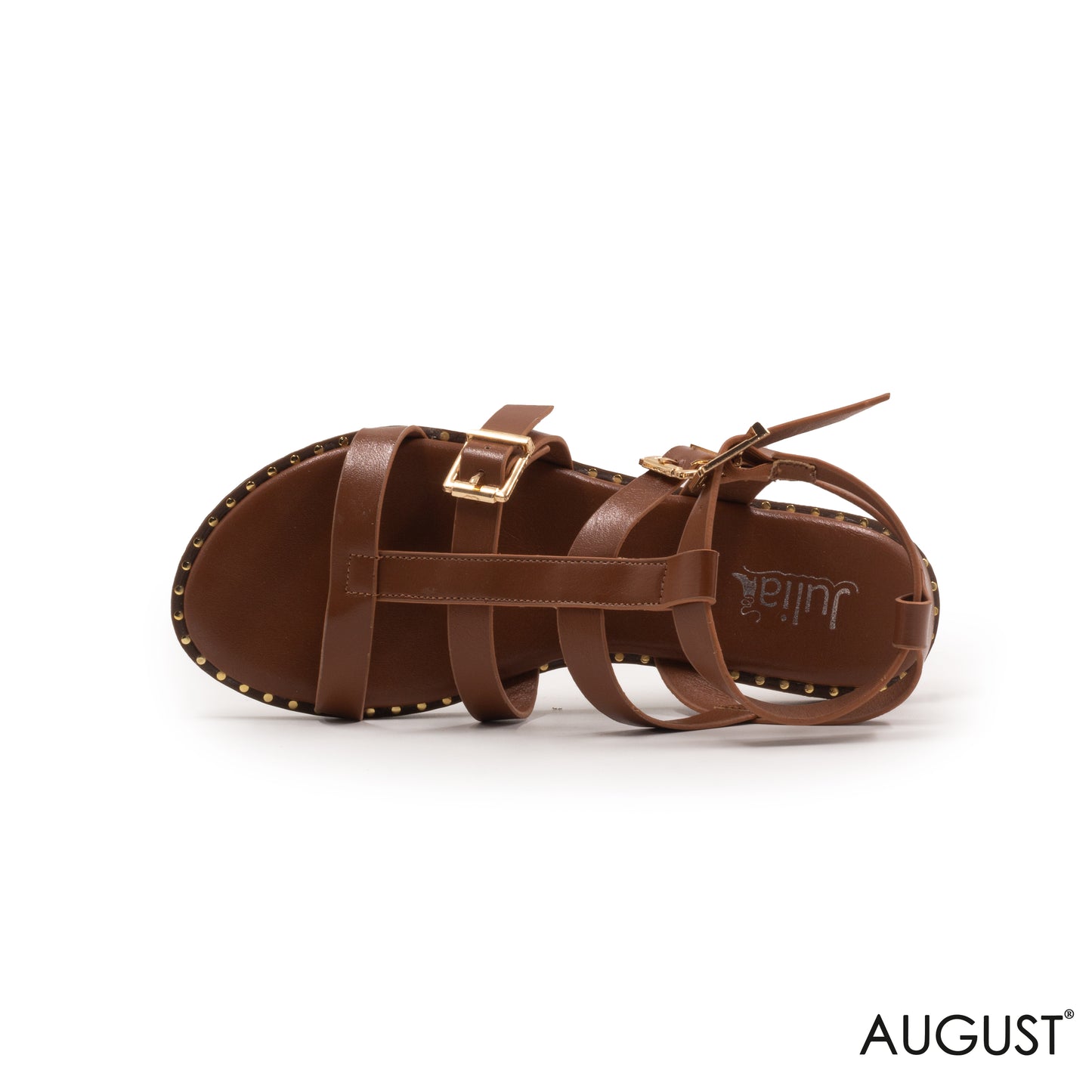 BROWN LEATHER FLAT SANDALS WITH STRAPPY BUCKLES