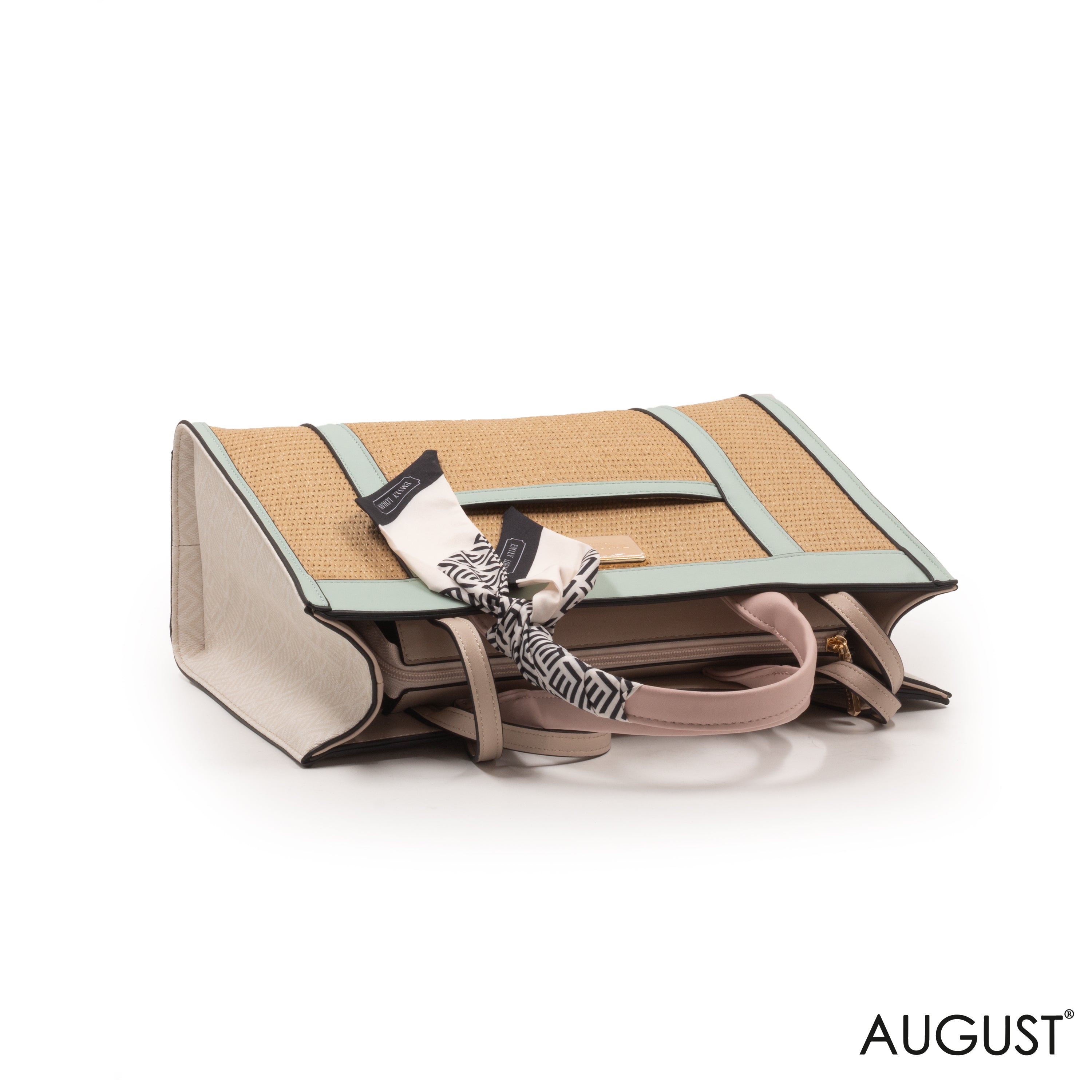 WOVEN STRAW HANDBAG LEATHER ACCENTS WITH SCARF -LARGE