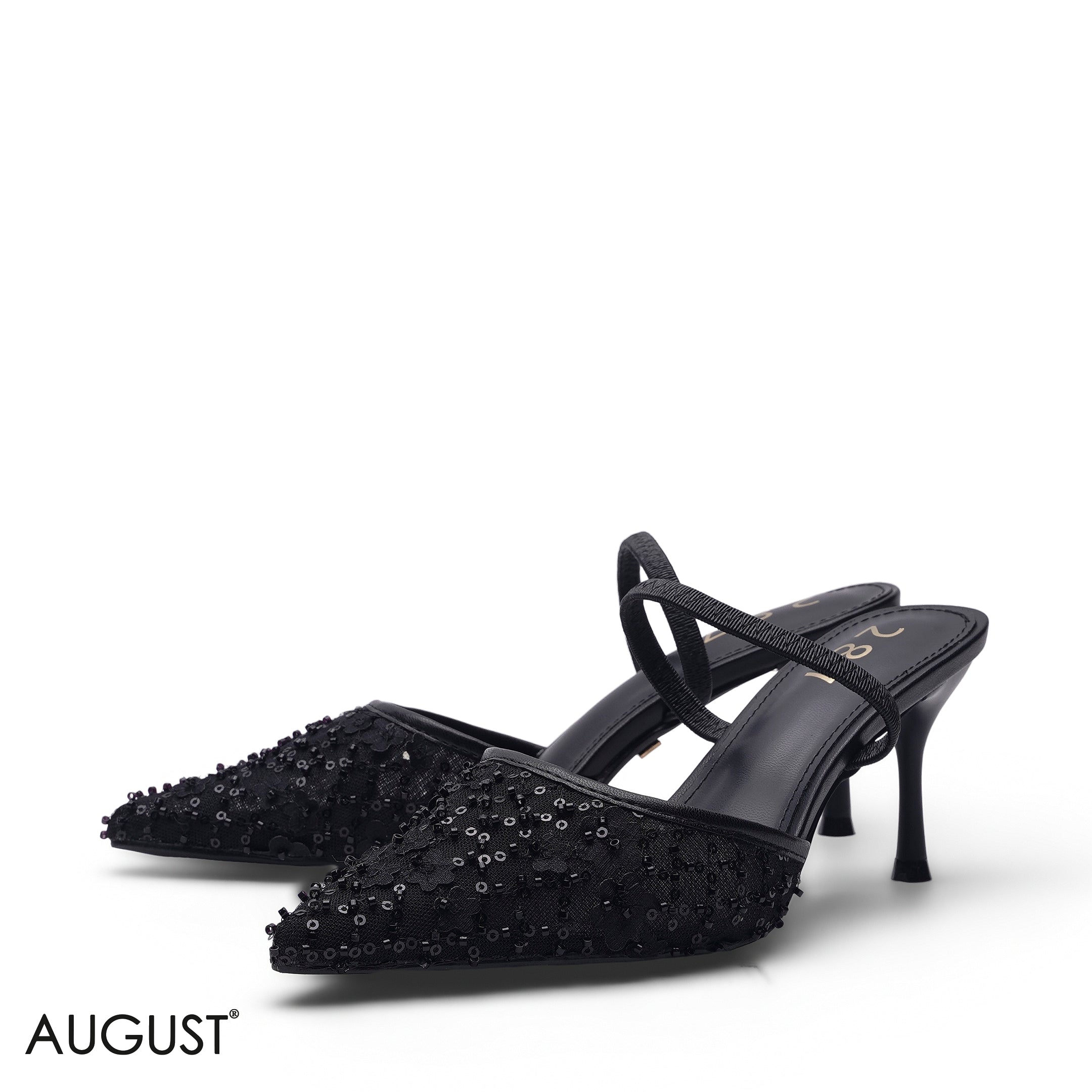 BLACK SEQUIN EMBROIDERED MESH SLINGBACK HEELS
