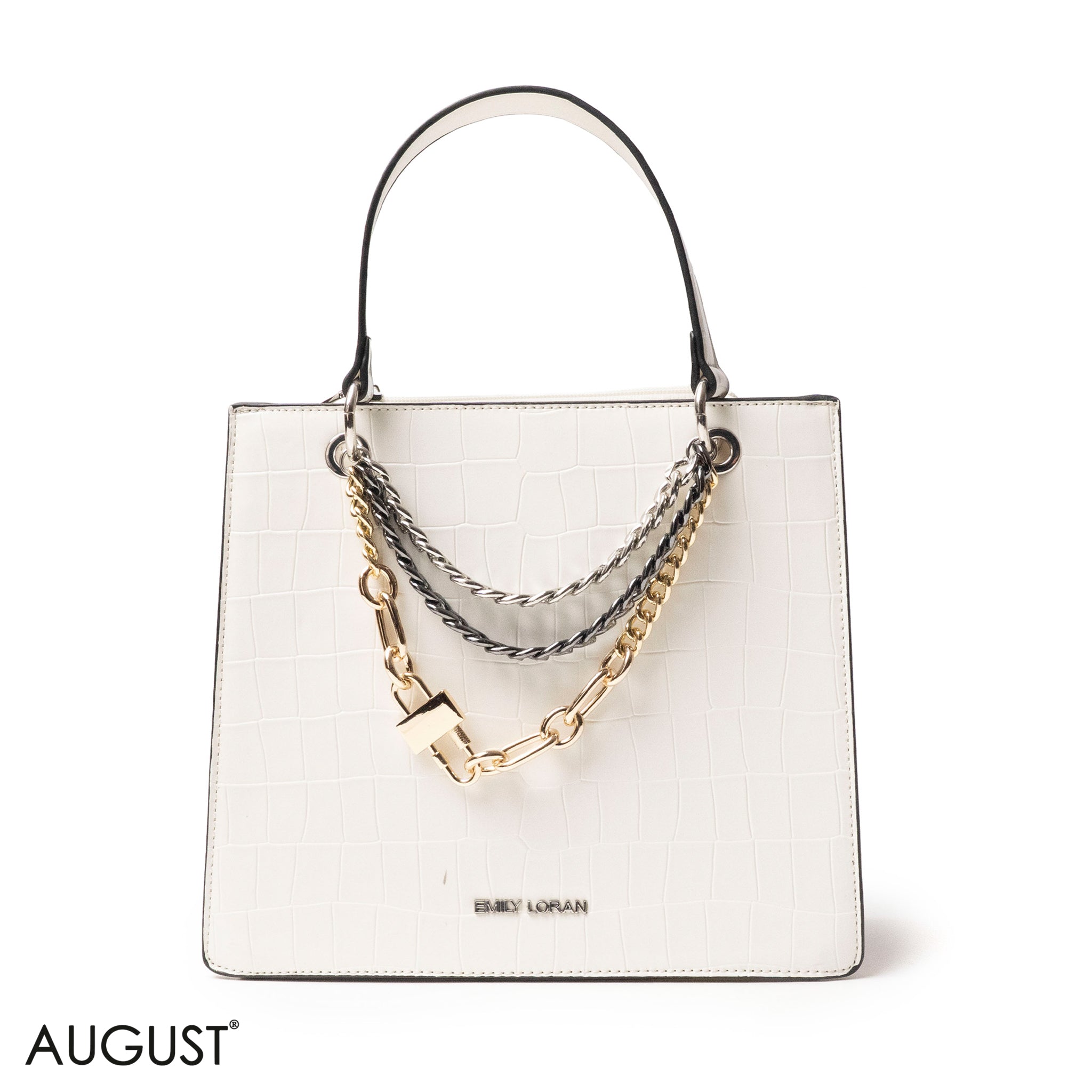 WHITE LEATHER HANDBAG WITH METAL CHAIN ACCENTS - MED