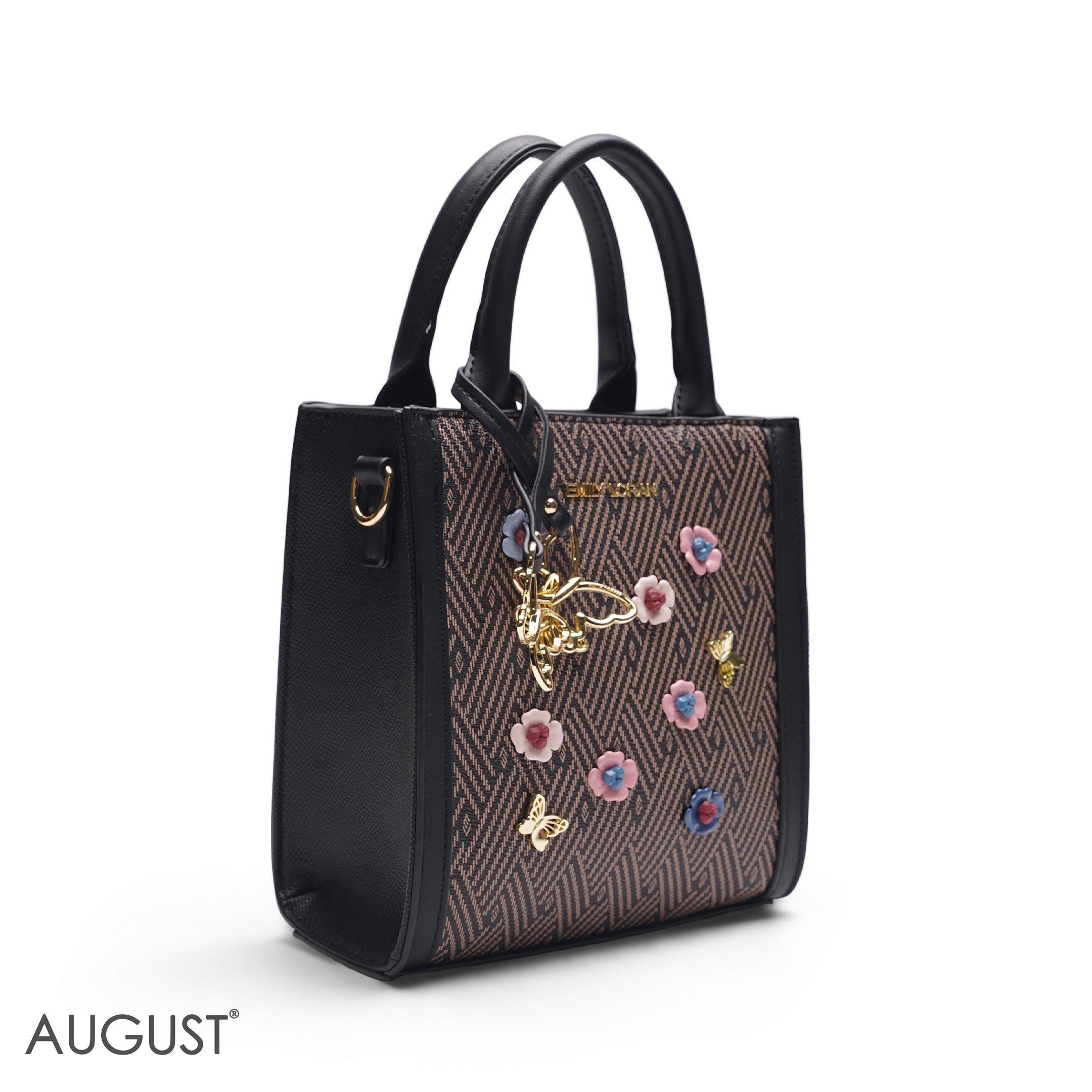 BLACK SQUARE TOTE WITH FLORAL APPLIQUÉS - SMALL