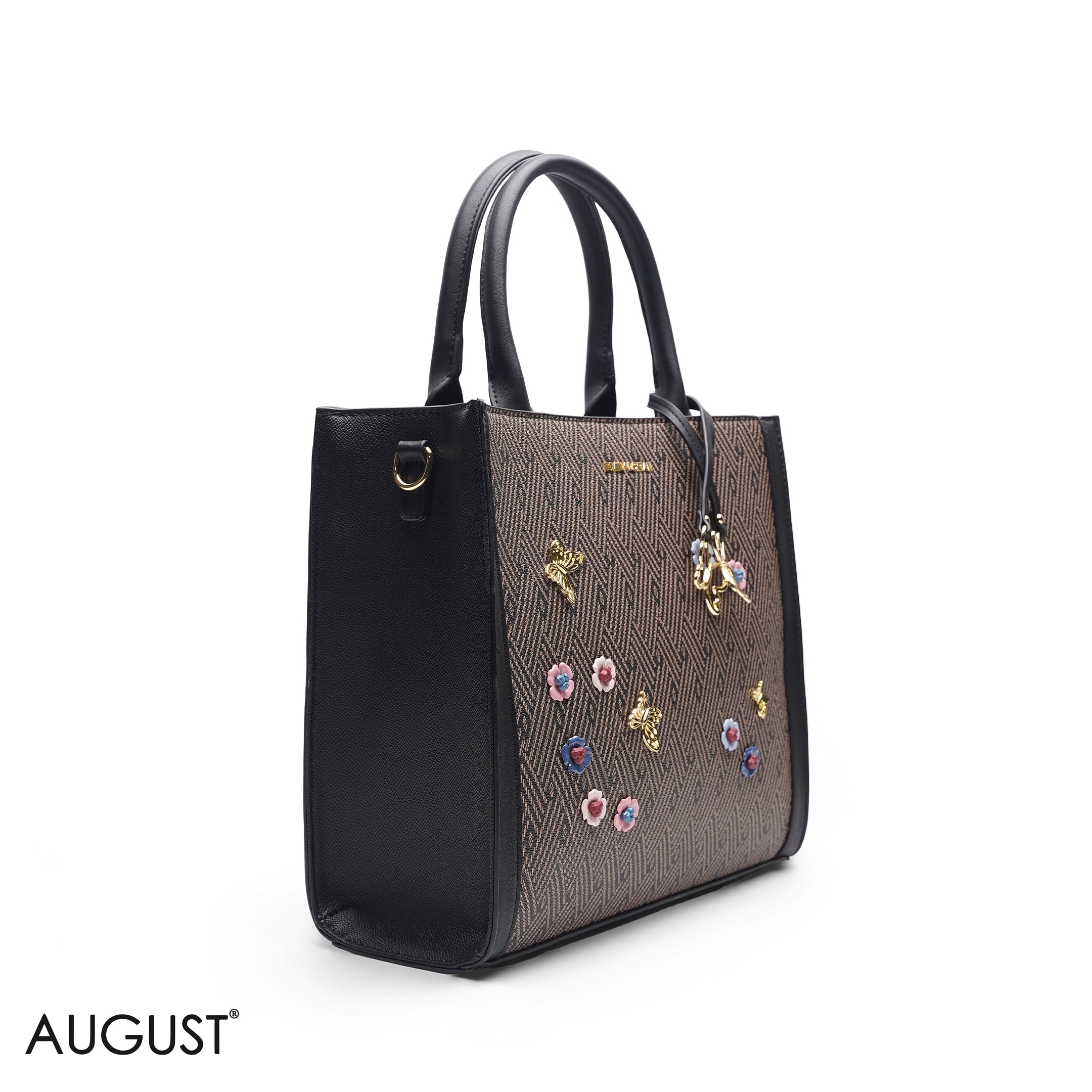 BLACK SQUARE TOTE WITH FLORAL APPLIQUÉS - LARGE