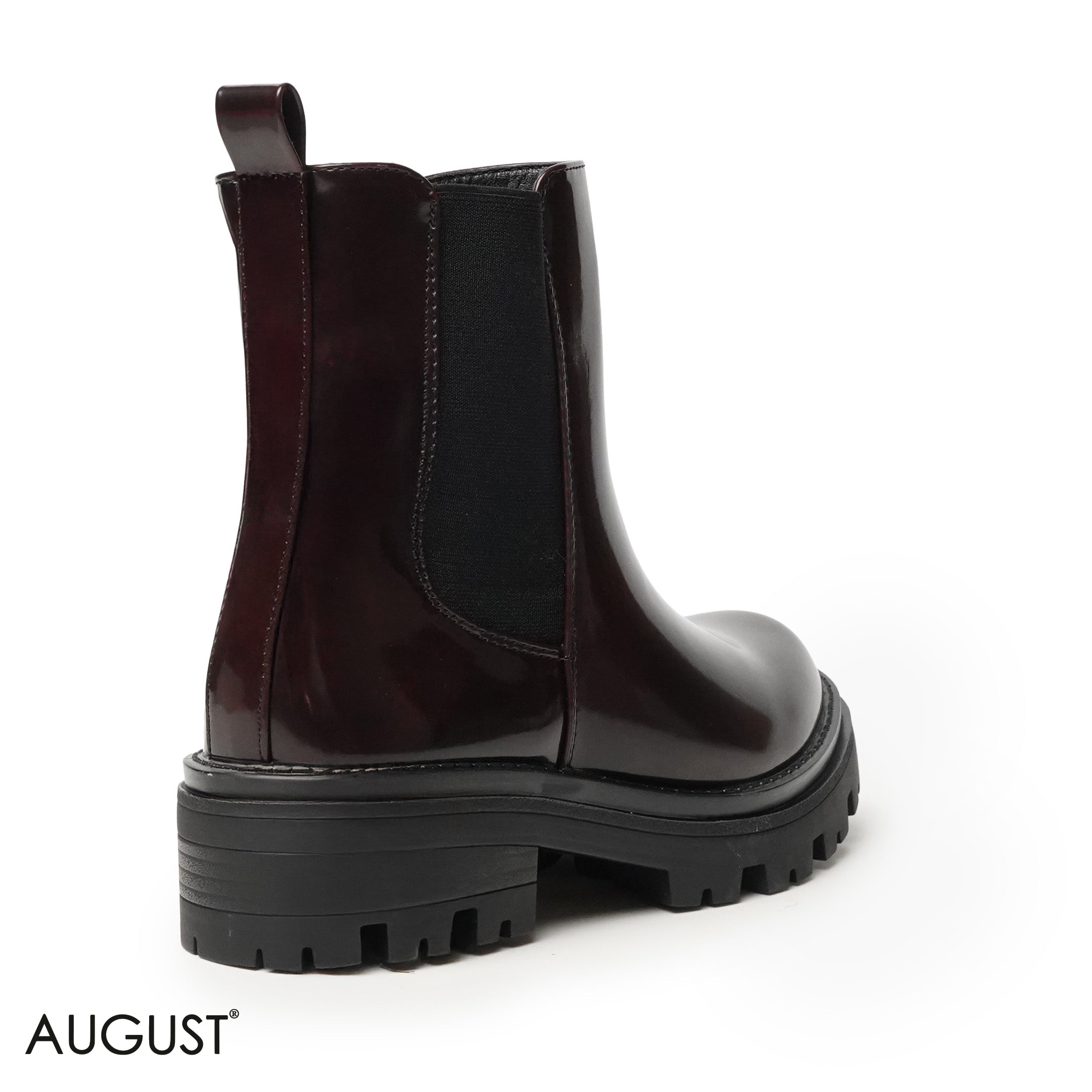 GLOSSY LEATHER ANKLE BOOTS WITH ELASTIC FABRIC