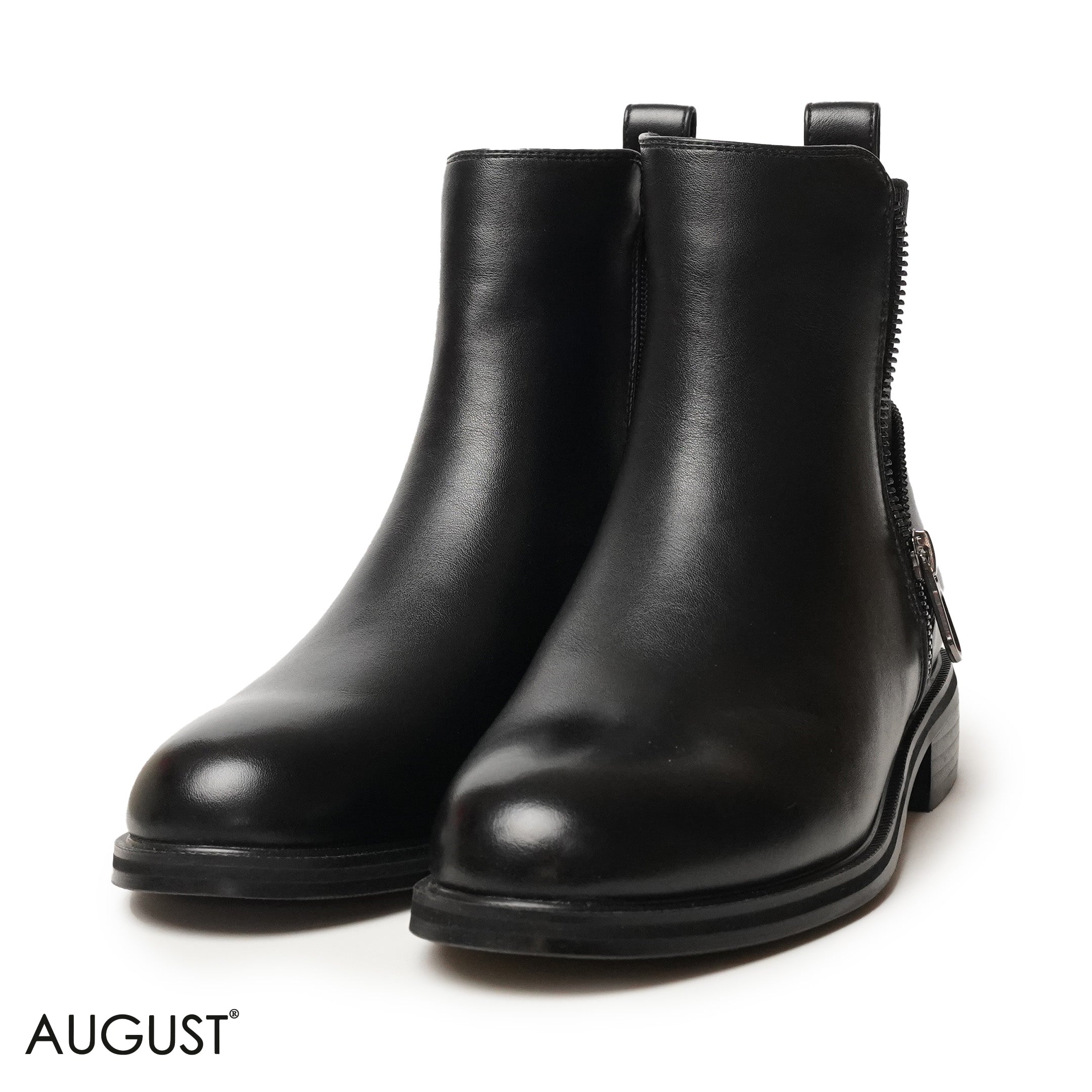 BLACK LEATHER ANKLE BOOTS WITH ZIPPER DETAIL