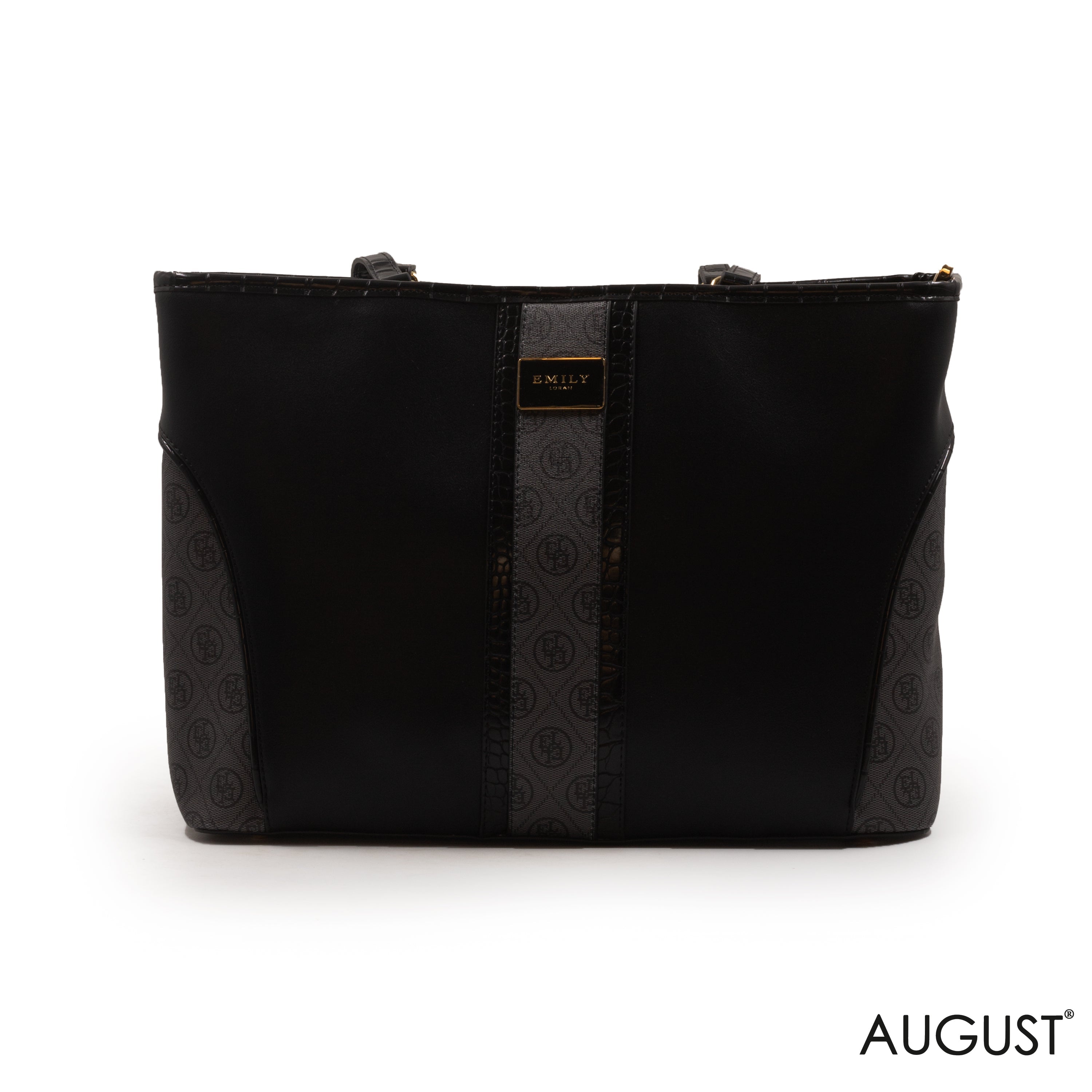 BLACK LEATHER EMILY LORAN HANDBAG WITH PATTERNED TRIM - LARGE