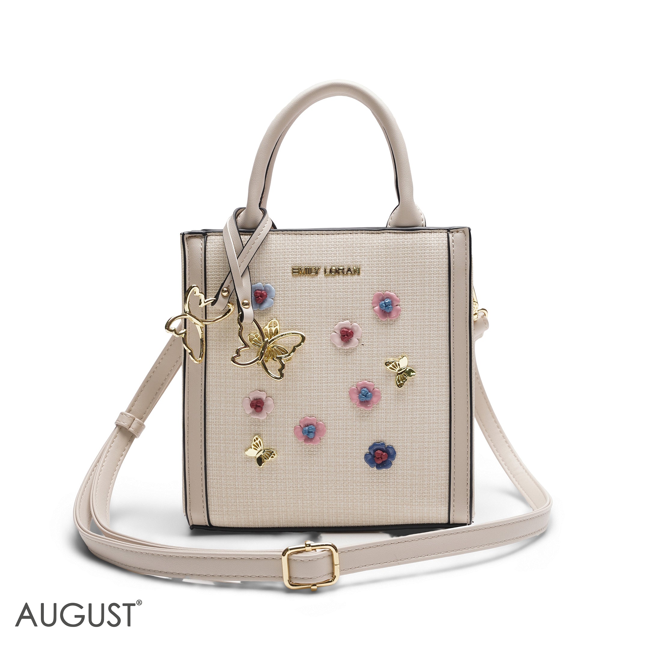 BEIGE SQUARE TOTE WITH FLORAL APPLIQUÉS - SMALL