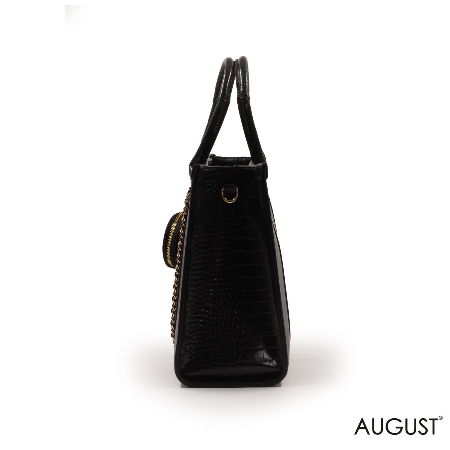 BLACK LEATHER EMILY LORAN HANDBAG WITH CHAIN DETAIL -LARGE
