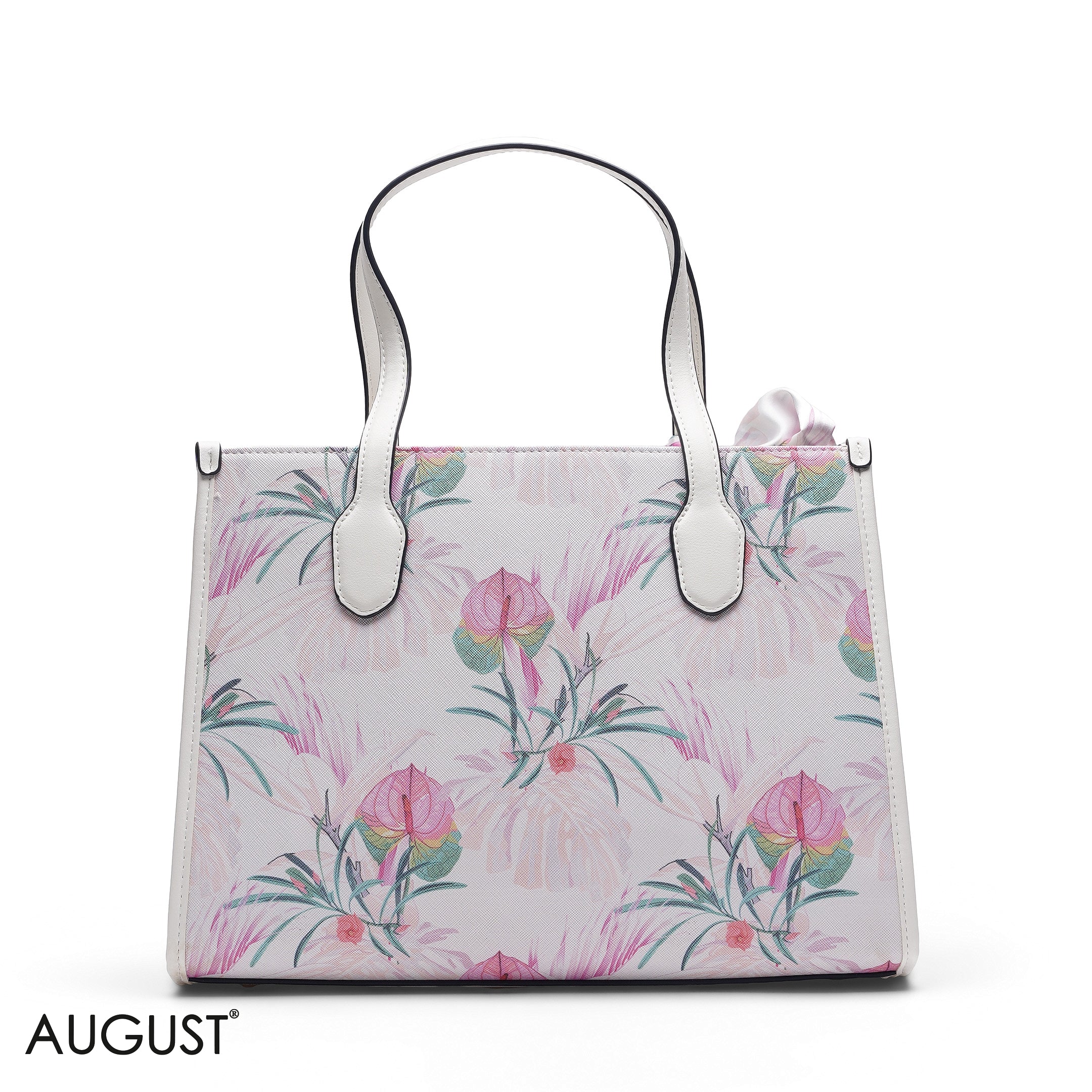 WHITE FLORAL LEATHER HANDBAG WITH FLORAL PRINT SCARF - LARGE