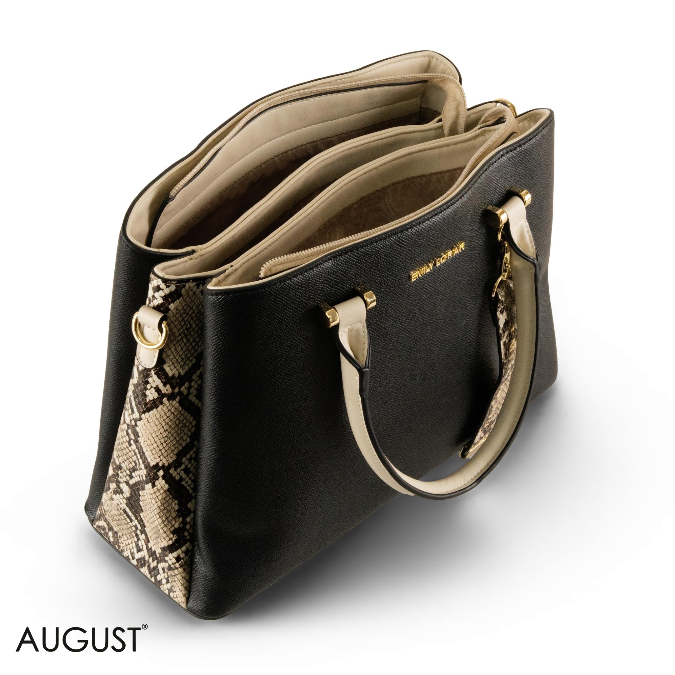 BLACK SMOOTH LEATHER HANDBAG WITH SNAKE ACCENTS - LARGE