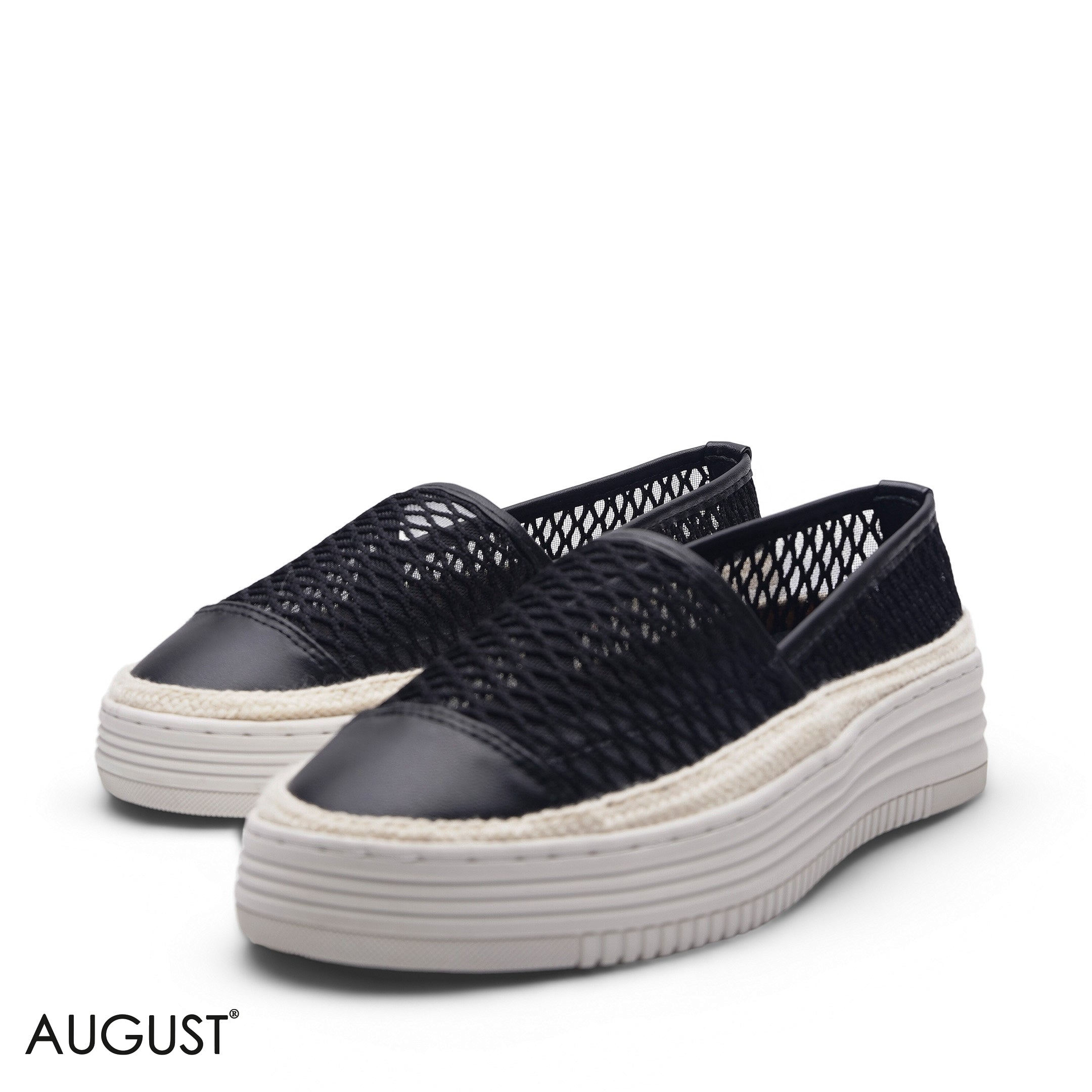 BLACK MESH PLATFORM ESPADRILLE FLATS