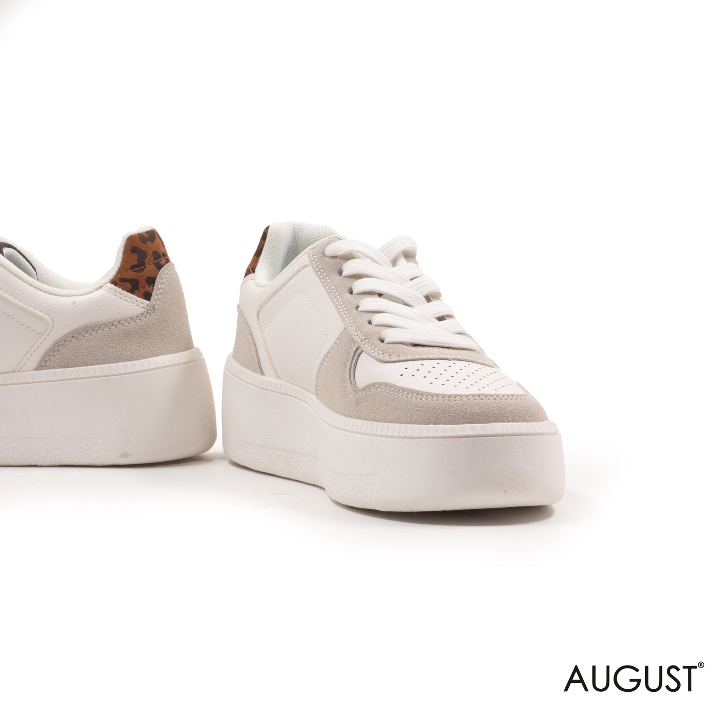WHITE LEATHER ,GRAY FABRIC SNEAKERS WITH TIGER TOUCH