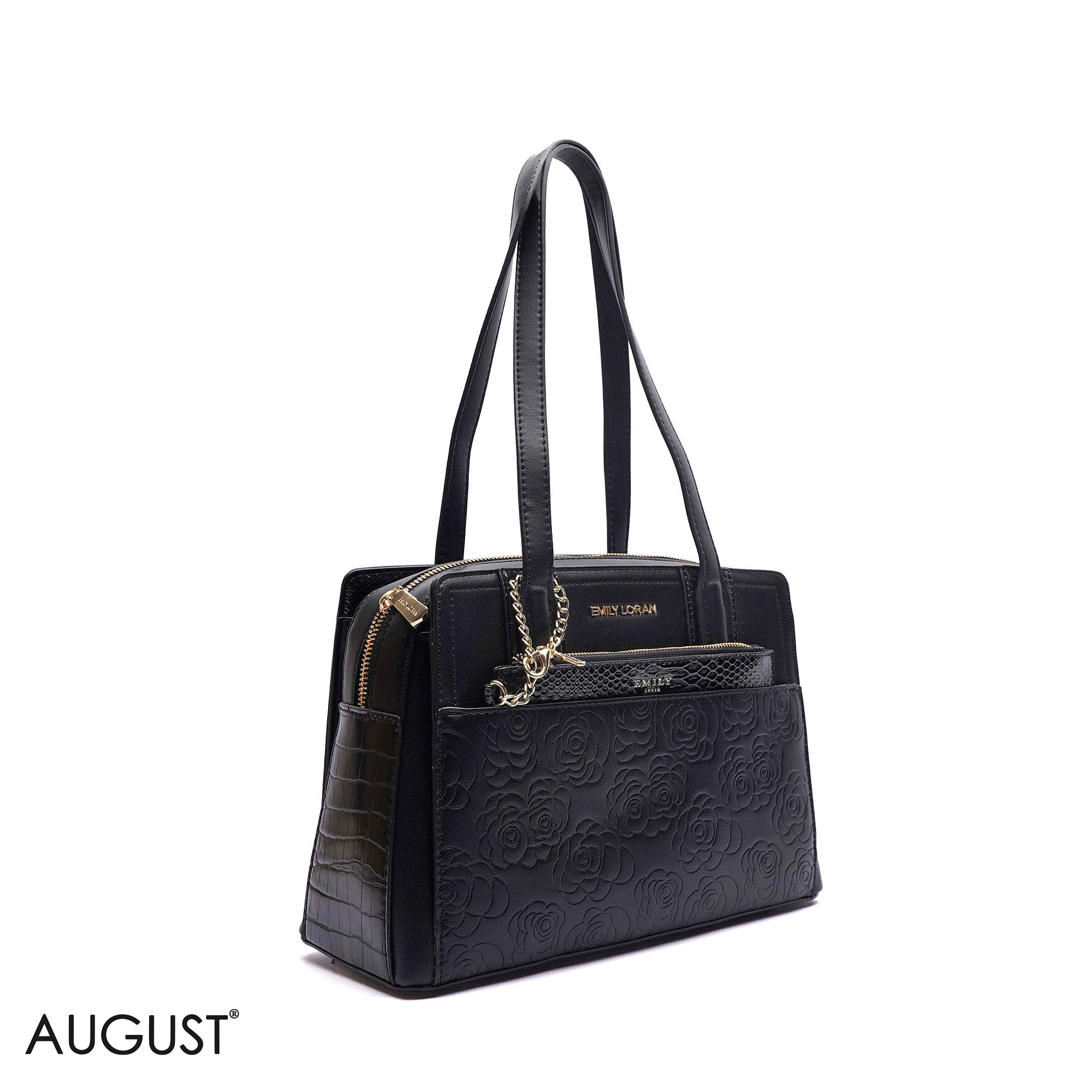EMBOSSED FLORAL HANDBAG WITH POUCH - MED