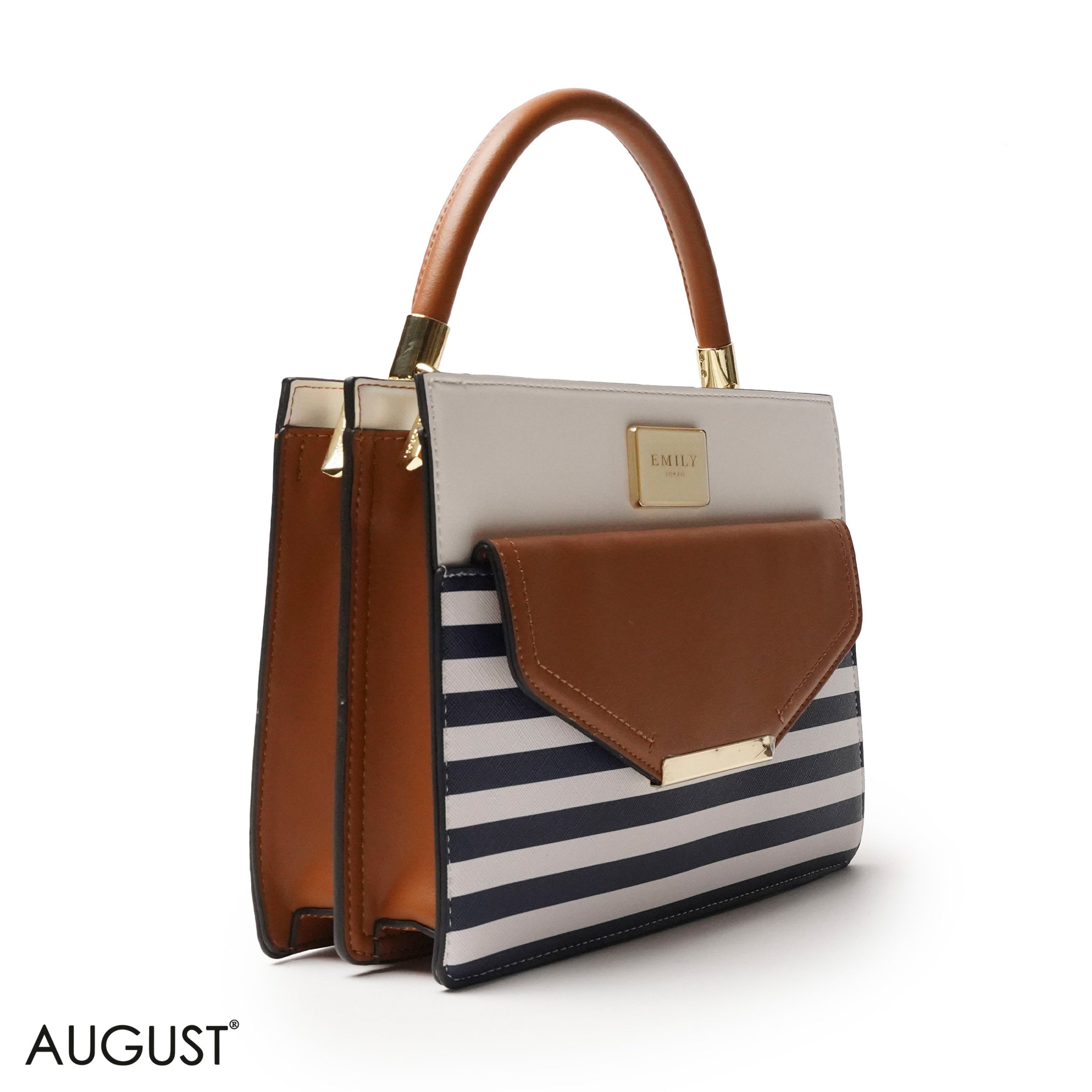 STRIPED NAVY LEATHER HANDBAG WITH FLAP - MED